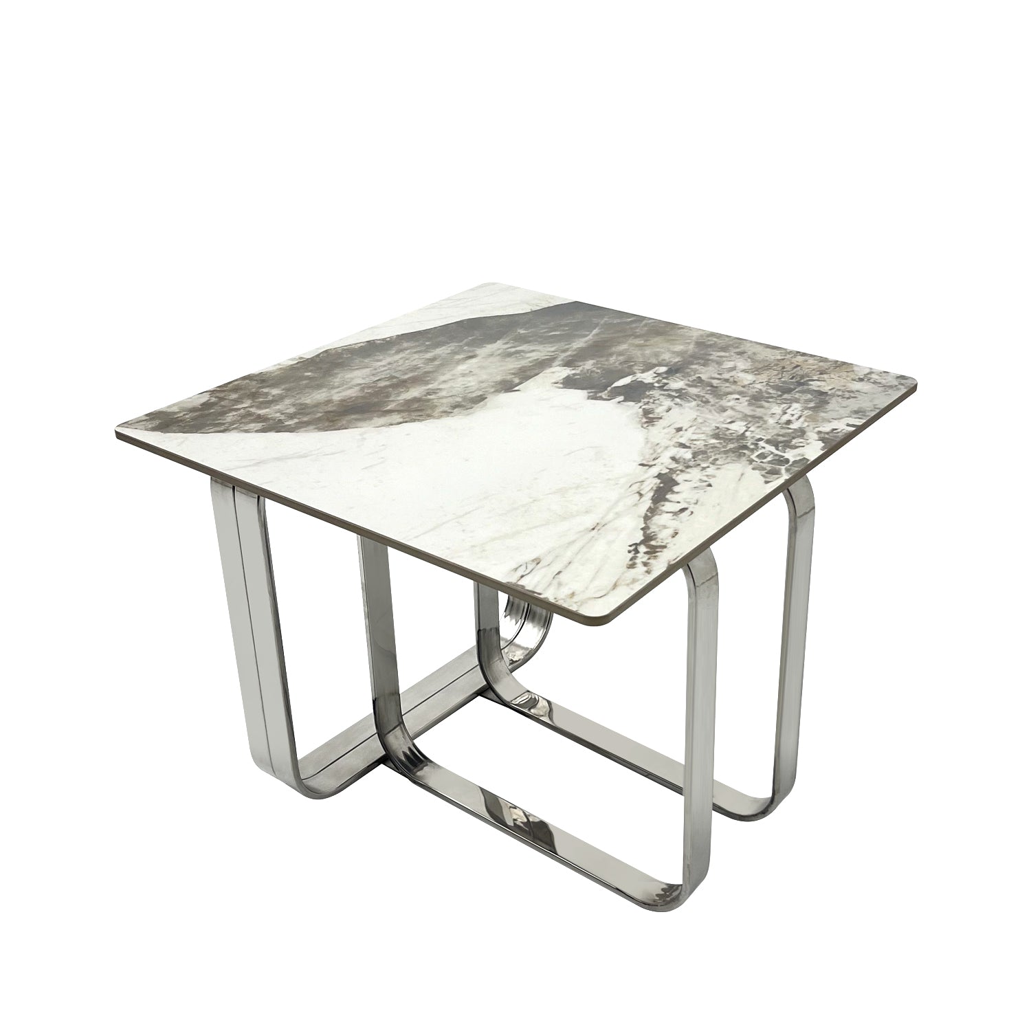 Modern side table with marblelook ceramic top and polished chrome base