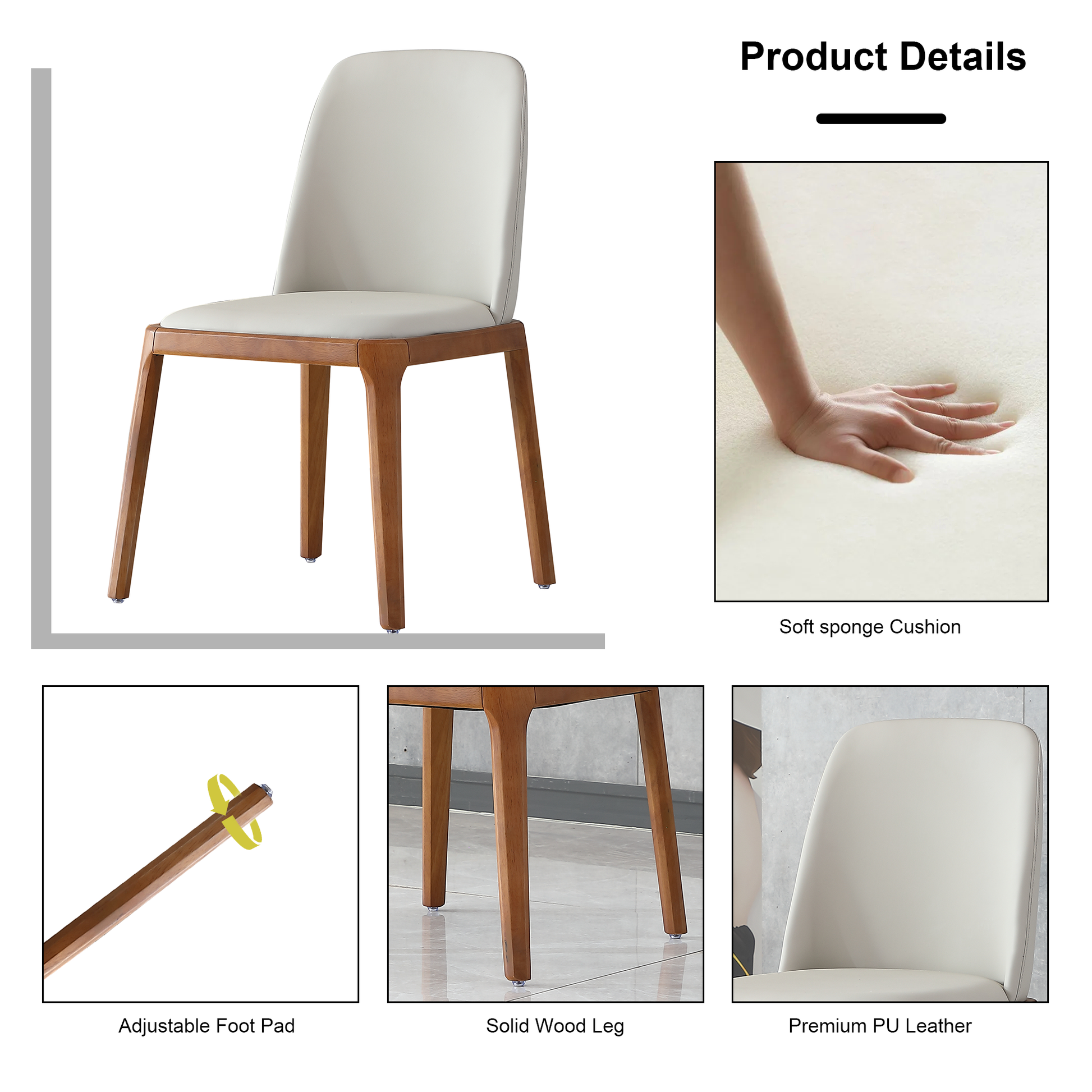 White PU leather dining chair with solid wood legs and adjustable foot pad