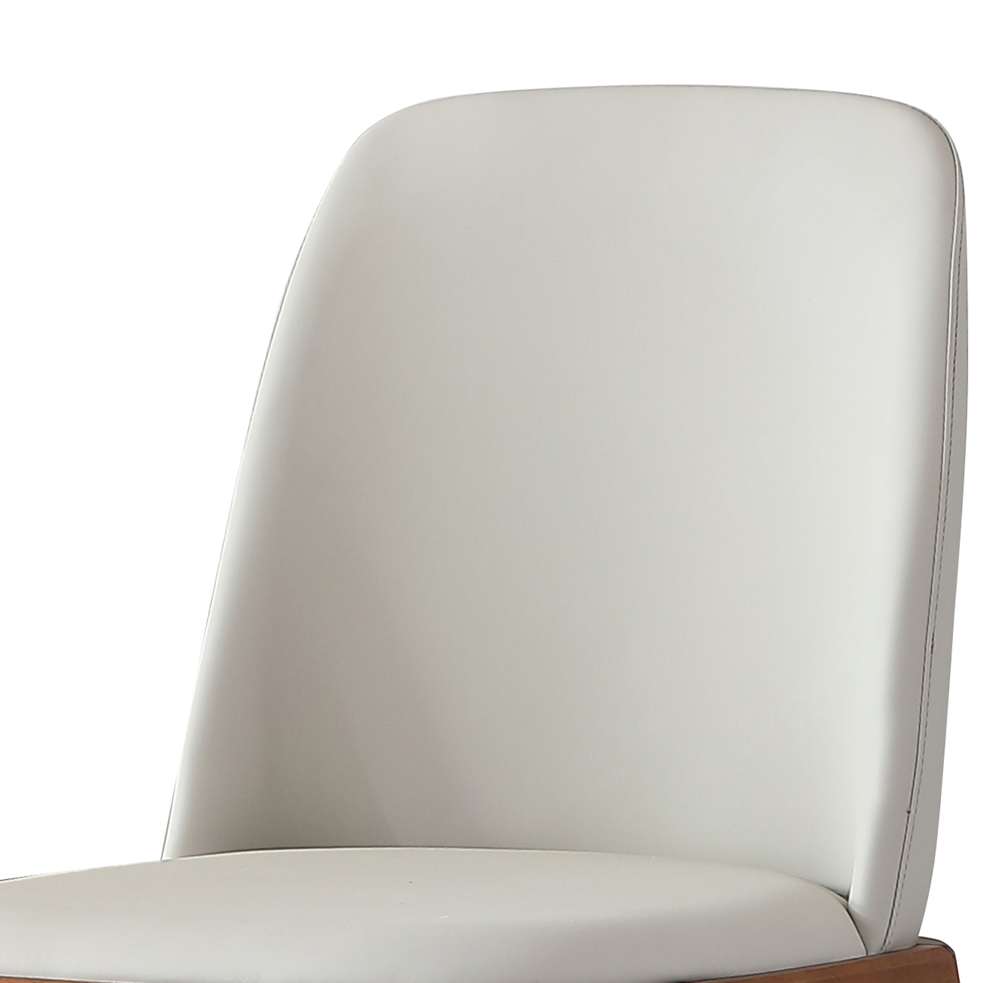 White leather dining chair with wooden base and stitched seams