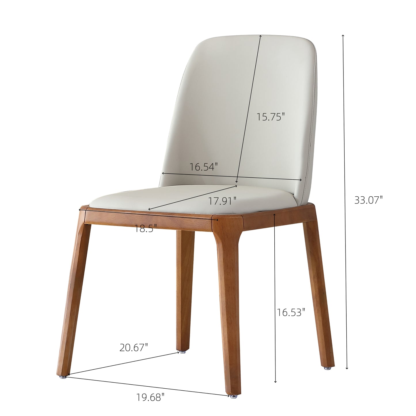 Modern dining chair with a light grey faux leather seat and a natural wood frame featuring dimensions