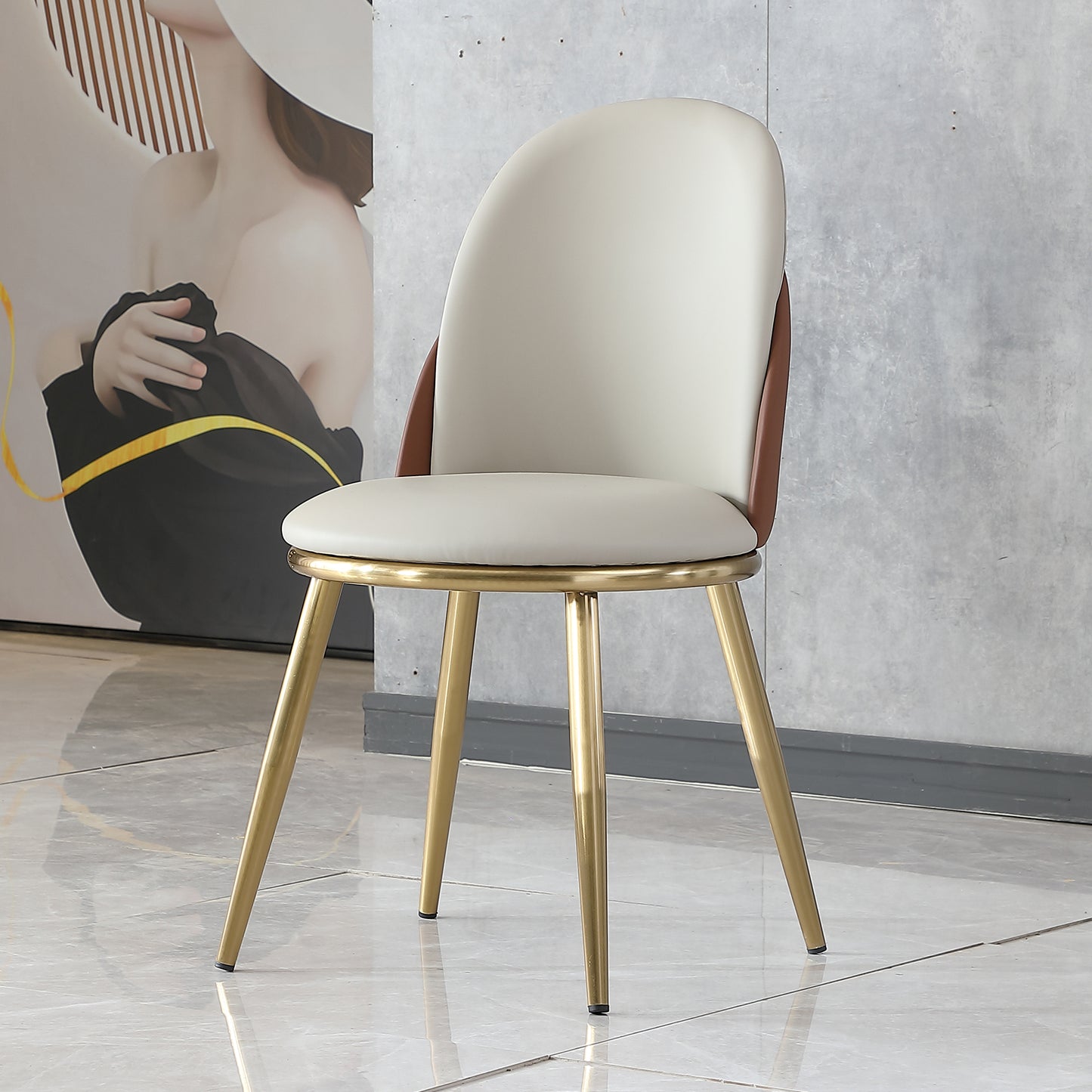 Modern beige upholstered dining chair with gold metal legs offering a chic accent