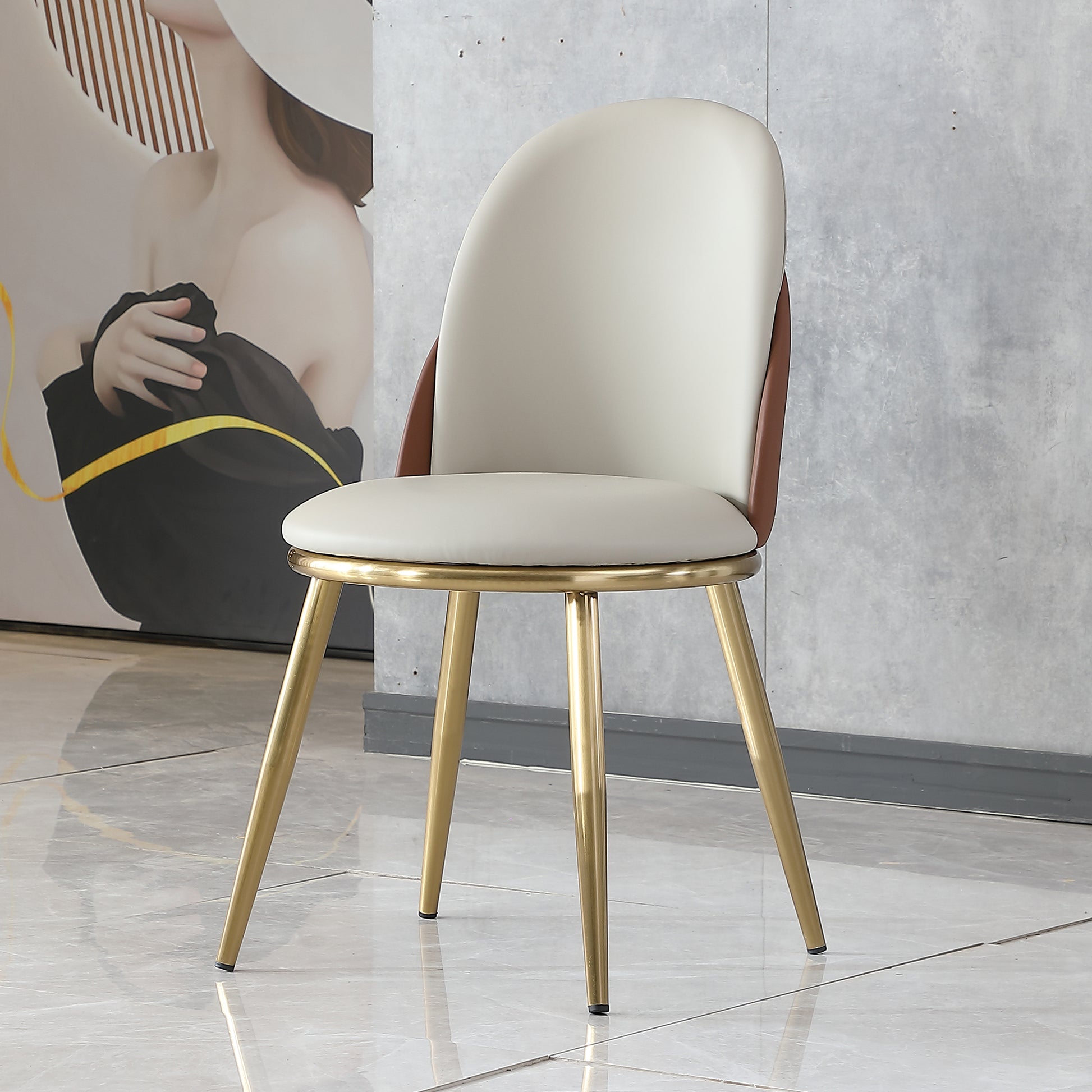 Modern beige upholstered dining chair with gold metal legs offering a chic accent