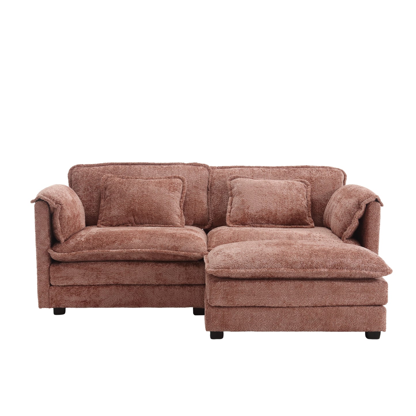 Brown boucle fabric sectional sofa with plush cushions and a chaise lounge for modern living rooms