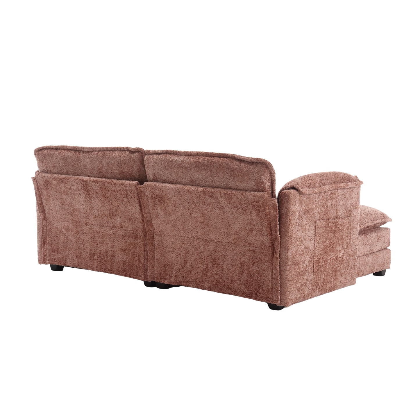 Rosepink velvet sectional sofa with plush cushions and modern black legs