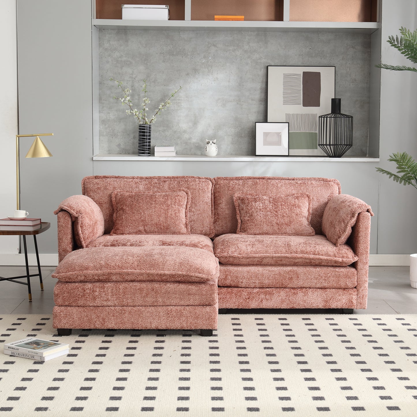 Plush rose sectional sofa with deep seats and matching throw pillows