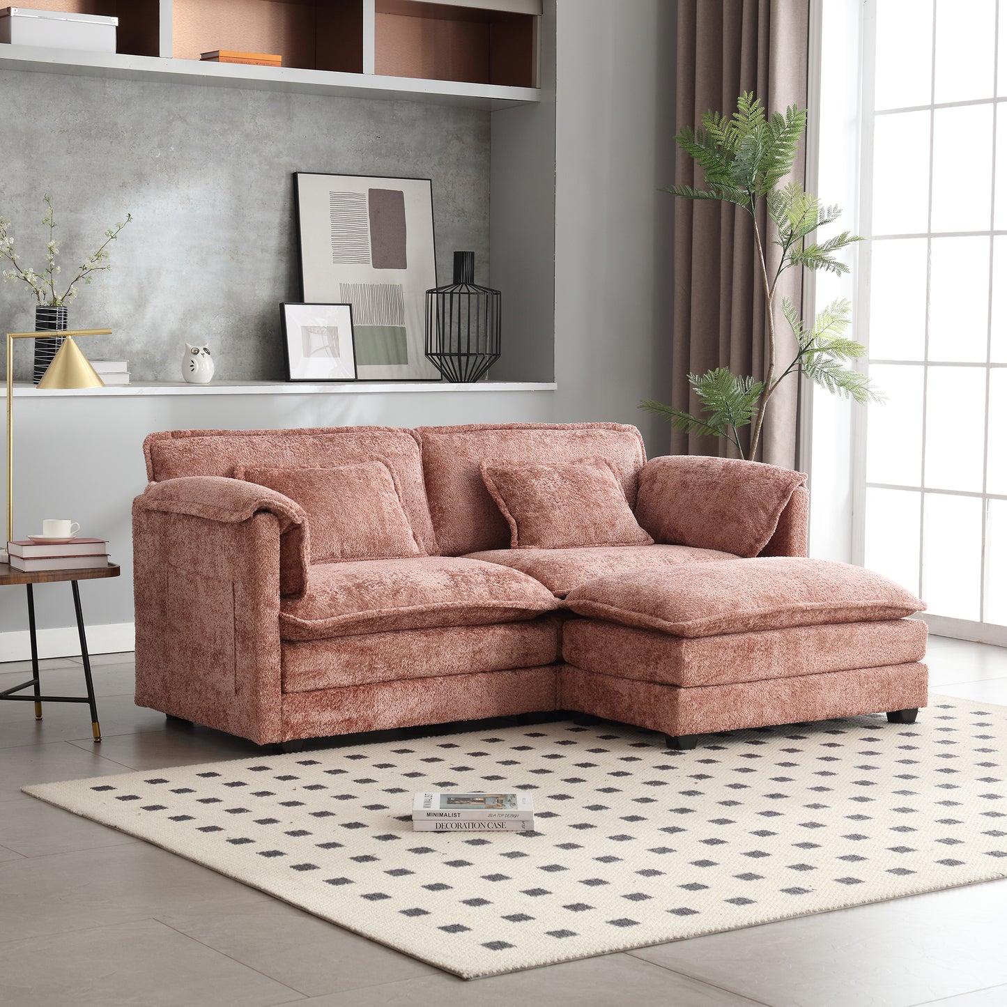 Plush rose sectional sofa with textured fabric and chaise lounge