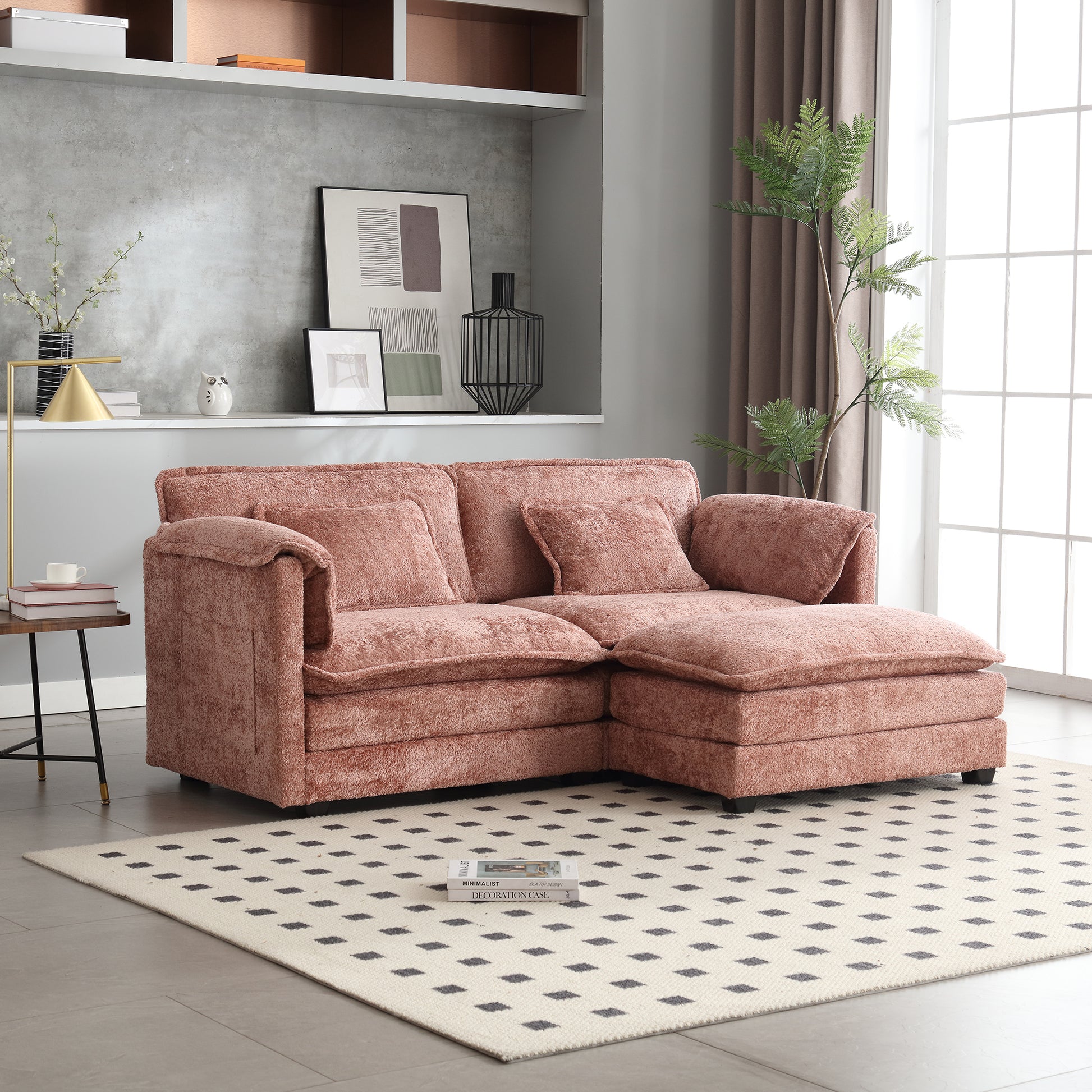 Plush rose sectional sofa with textured fabric and chaise lounge