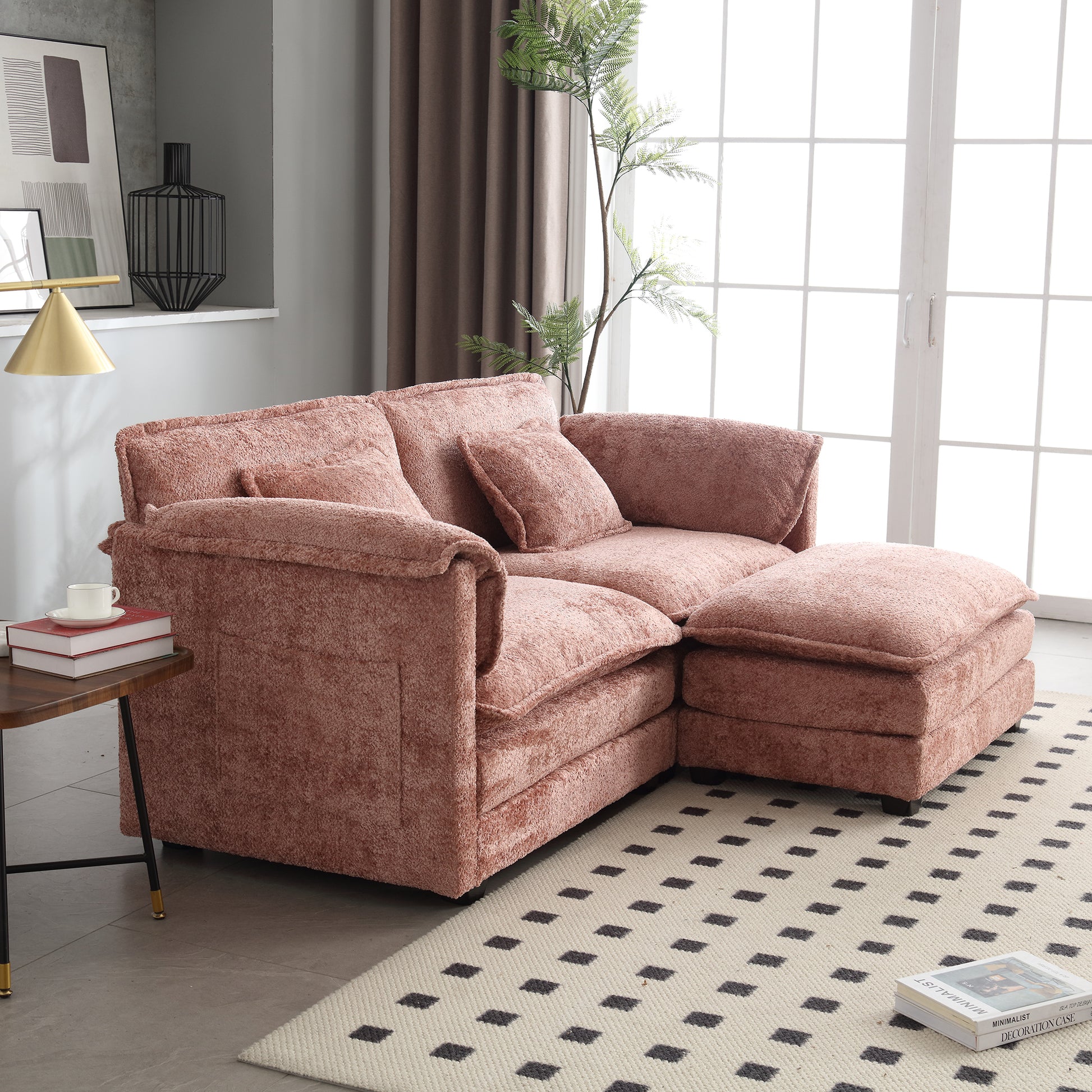 Plush rose chenille sectional sofa with chaise and ottoman perfect for modern living rooms