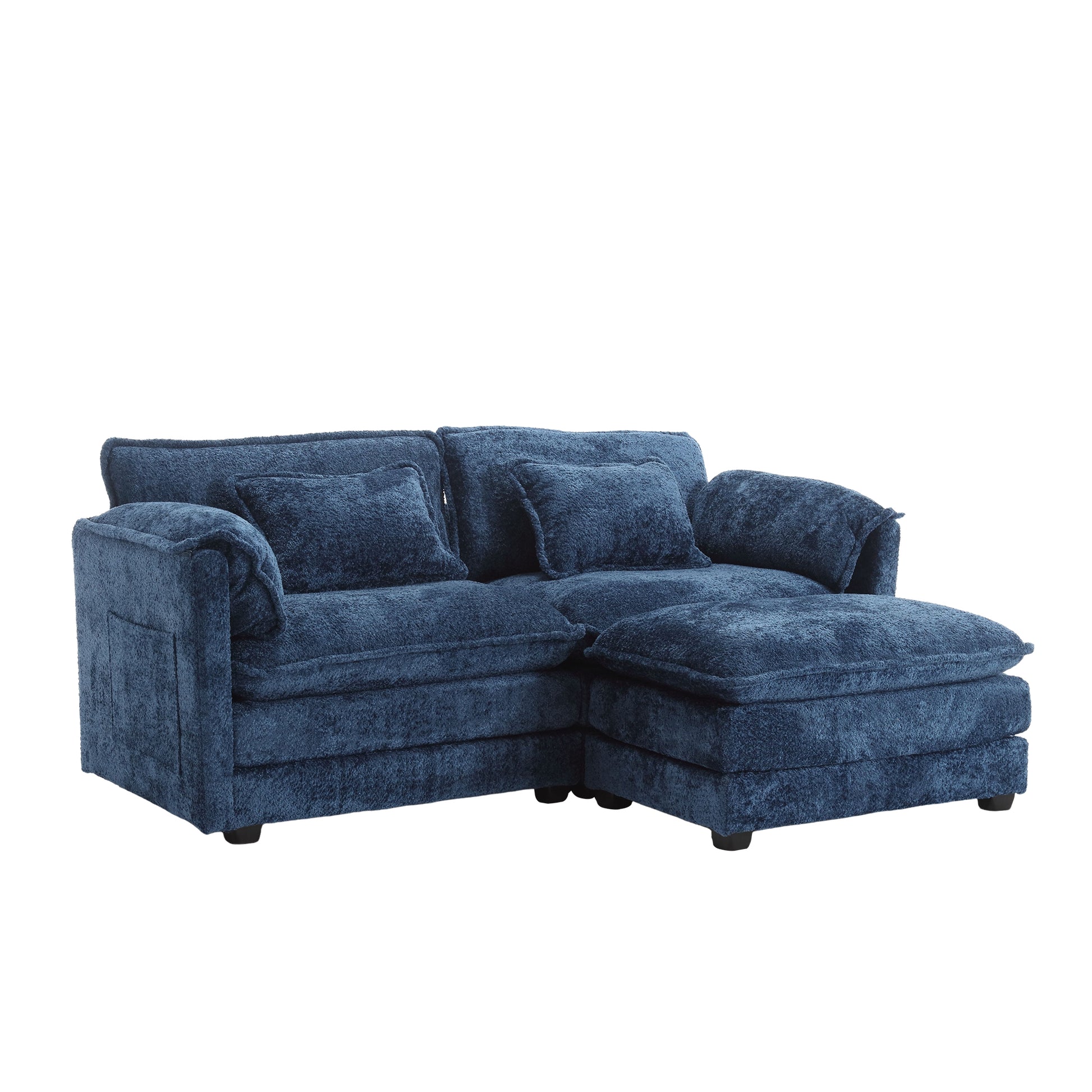 Plush navy blue sectional sofa with chaise and throw pillows ideal for living rooms