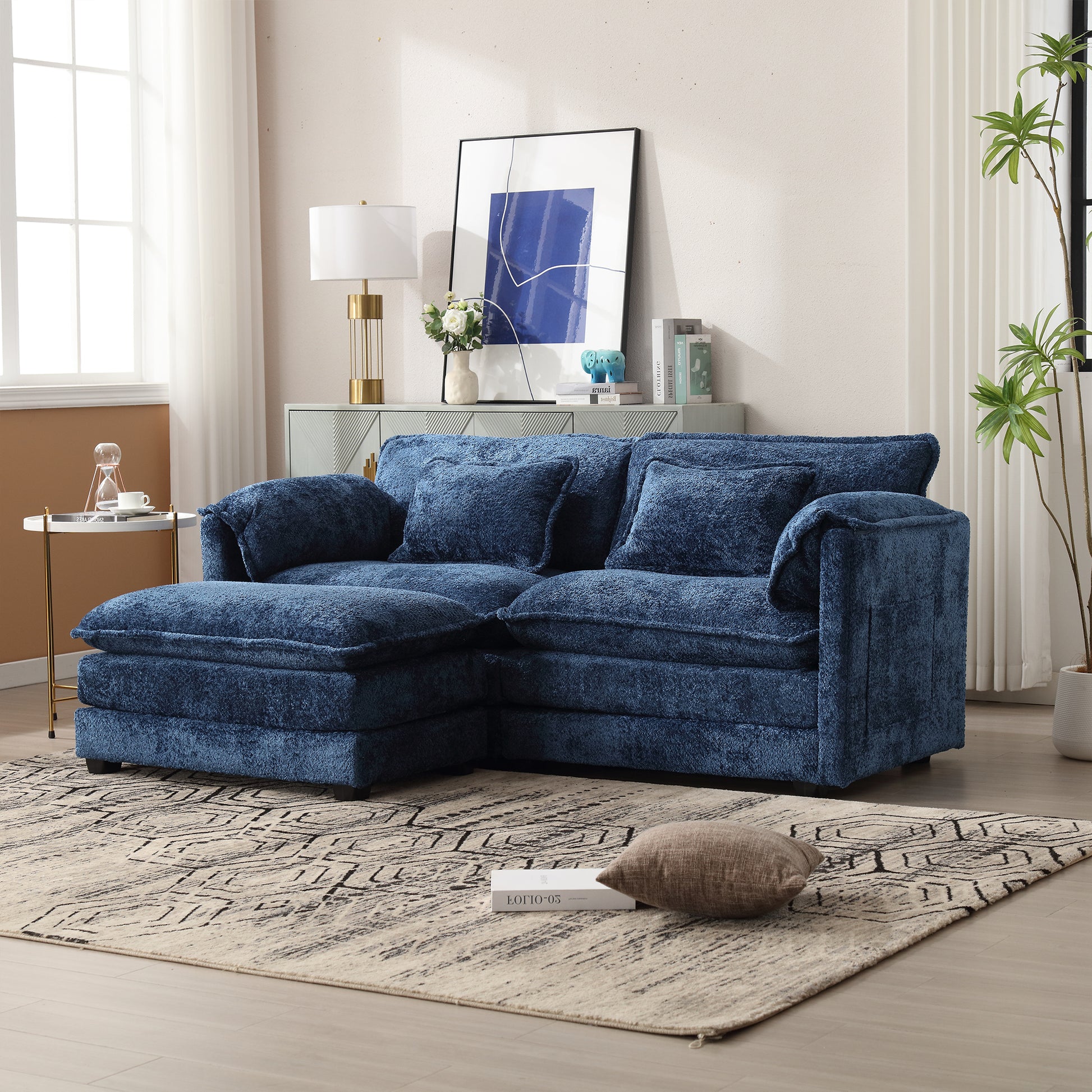 Plush navy blue sectional sofa with chaise textured fabric modern living room
