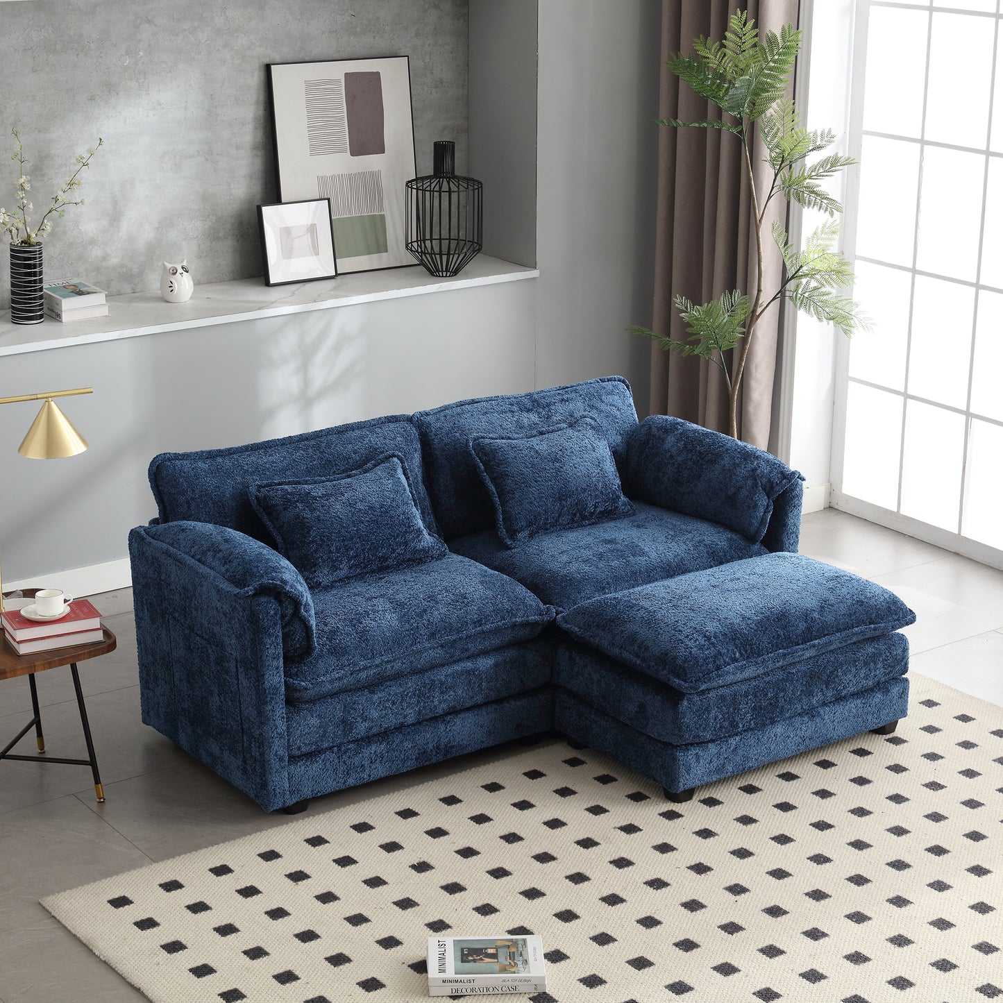 Plush blue sectional sofa with ottoman featuring deep seating and a textured fabric for ultimate comfort
