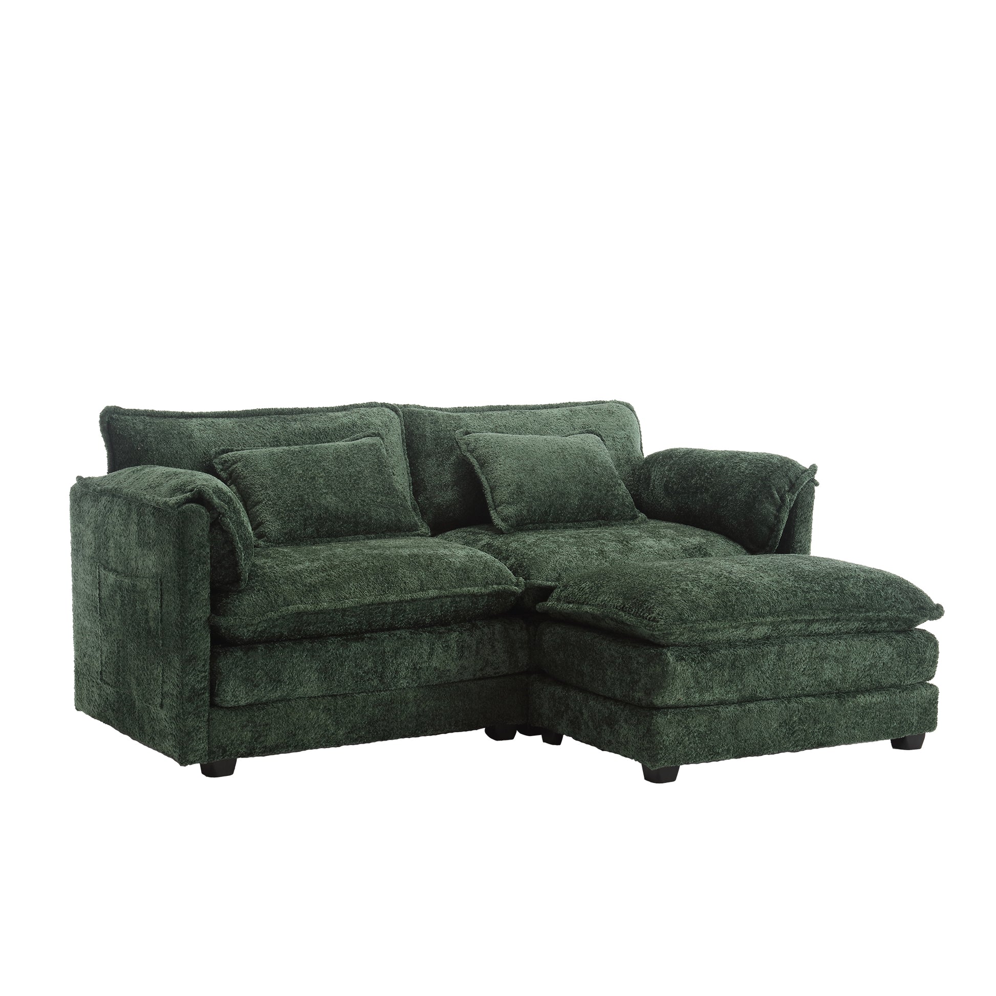 Plush forest green sectional sofa with chaise lounge and matching throw pillows