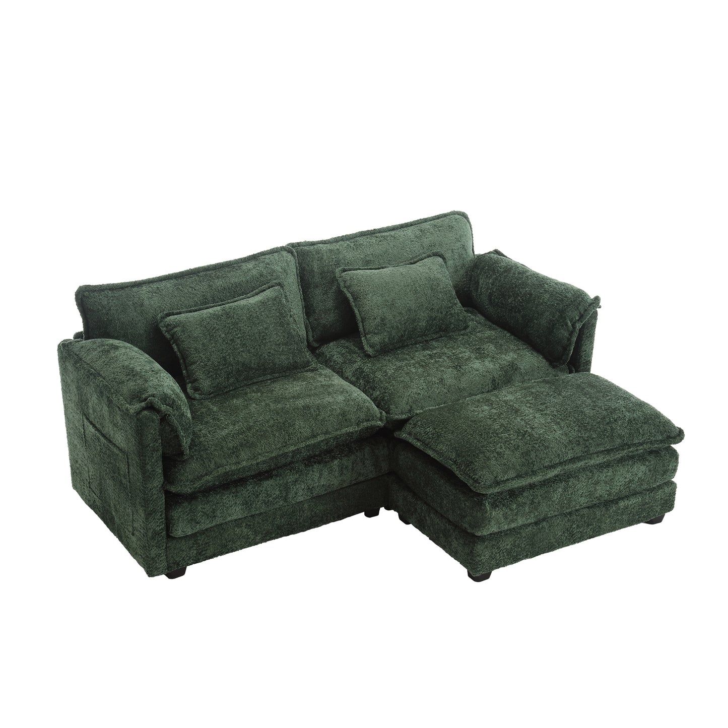 Plush green sectional sofa with chaise and matching throw pillows