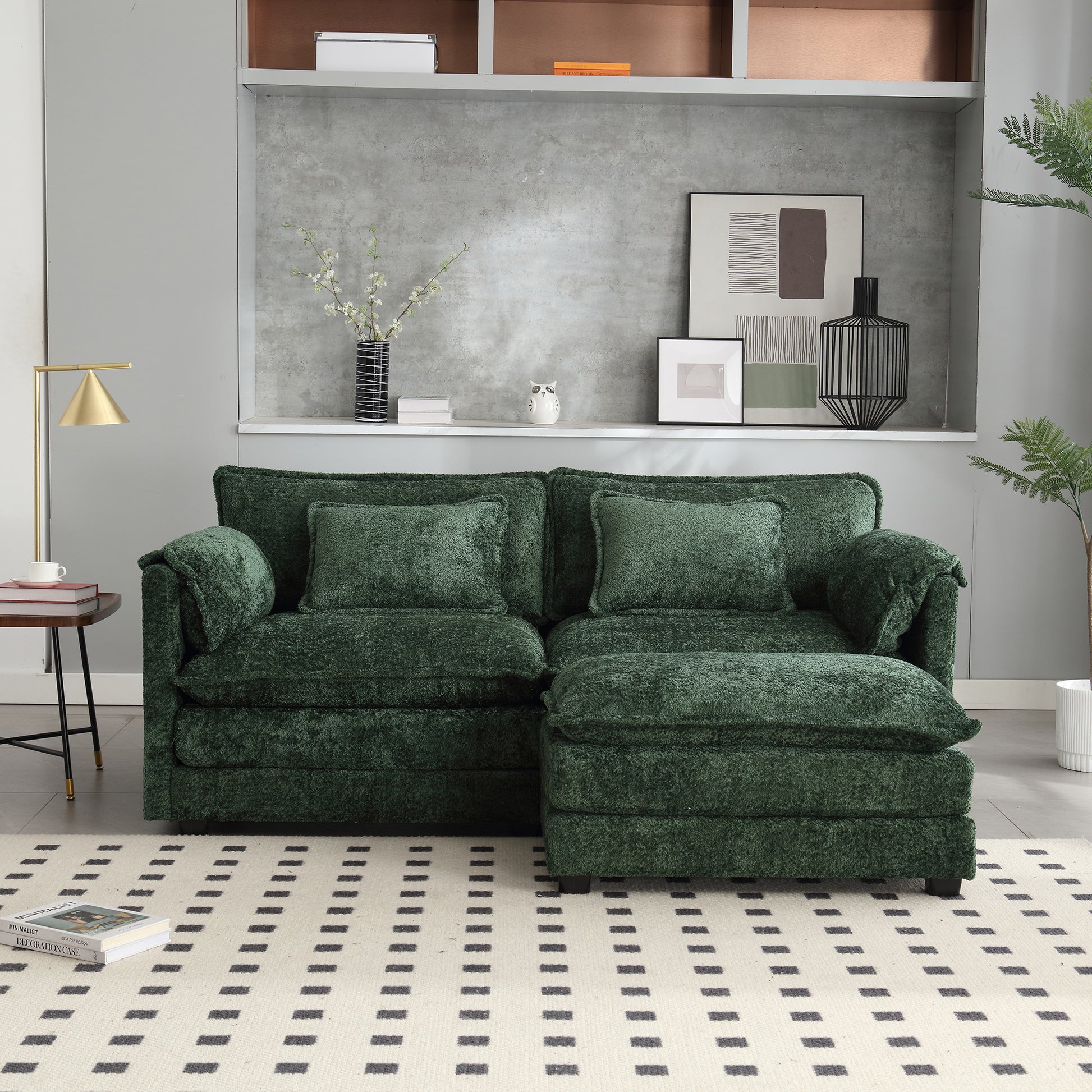Plush deep green sectional sofa with soft textured fabric and matching throw pillows perfect for living rooms