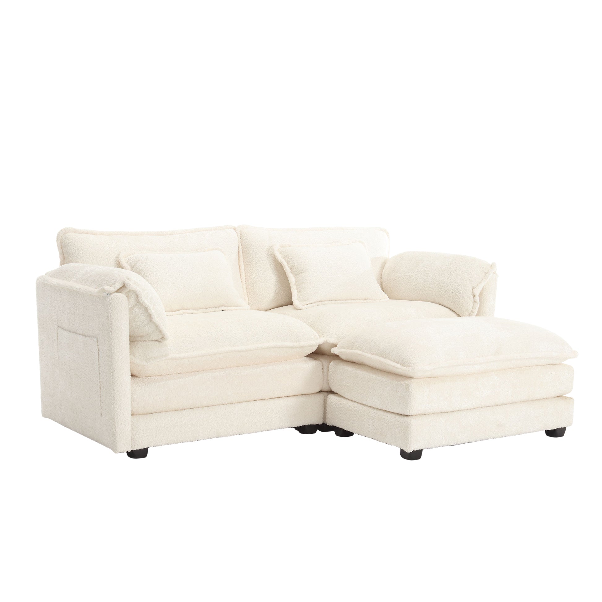 Plush cream boucle fabric sectional sofa with chaise and throw pillows for modern living rooms