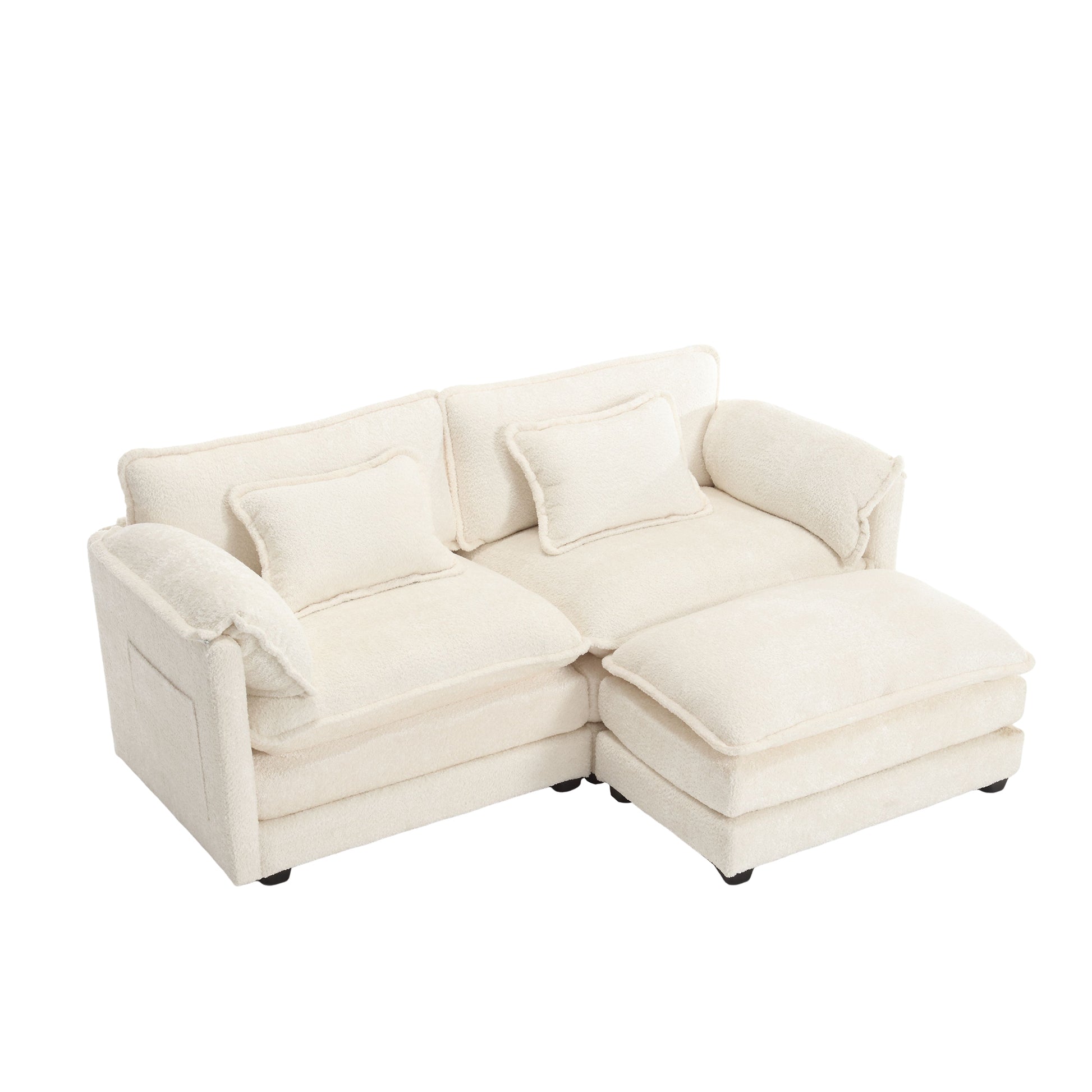 Plush cream boucle sectional sofa with chaise lounge and accent pillows