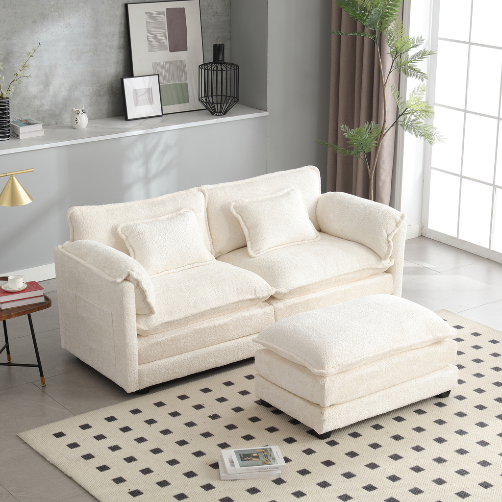 Plush cream teddy fabric sofa with matching square ottoman perfect for a cozy living room