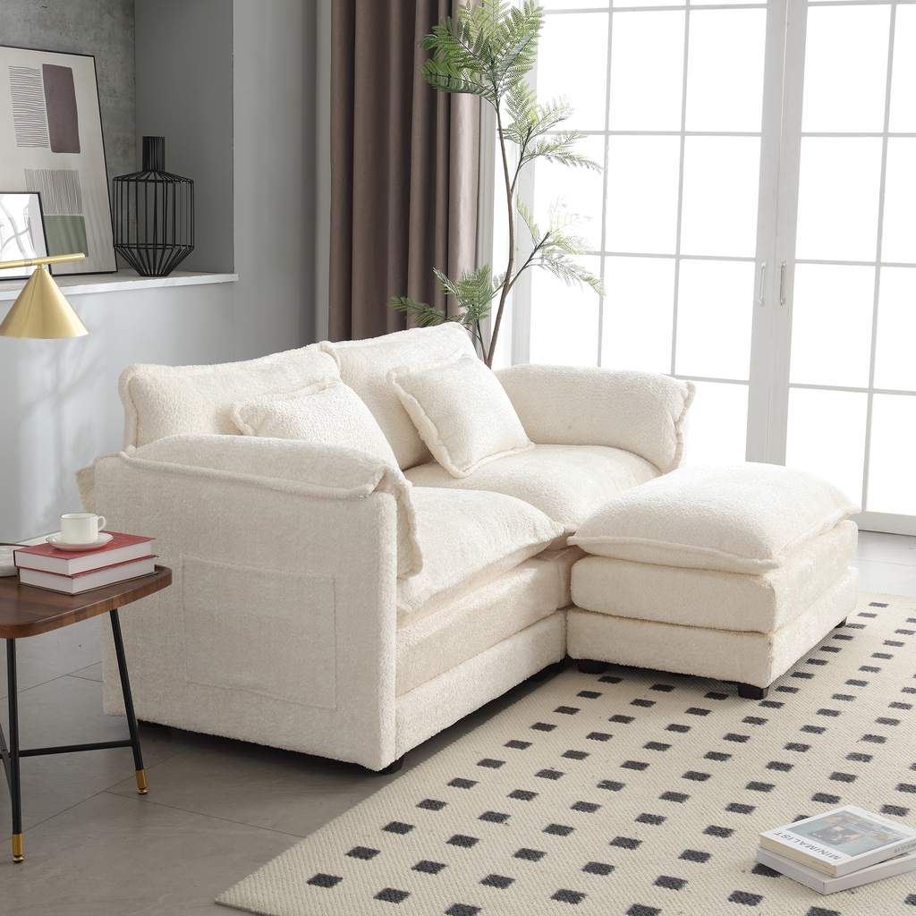 Cream boucle sectional sofa with plush cushions and ottoman for living room comfort