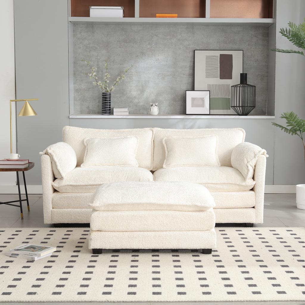 Plush cream sherpa fabric sofa with matching ottoman for cozy living rooms