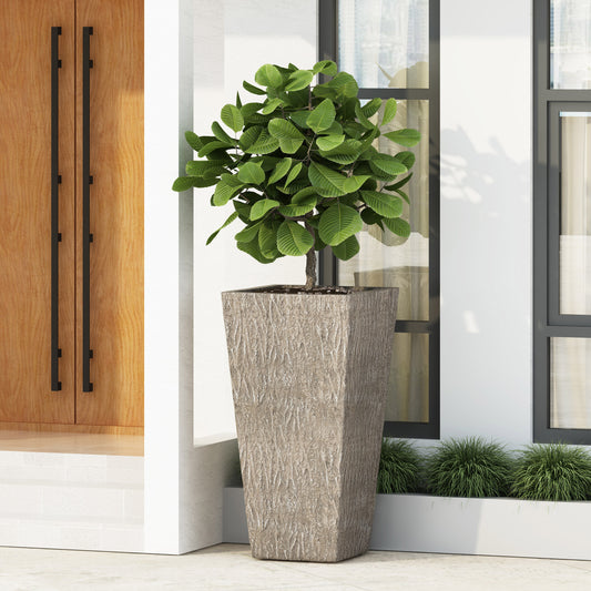 Tall textured grey planter with lush green ficus tree ideal for modern entryways