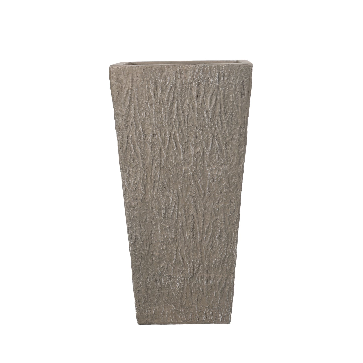 Tall grey textured square planter with a rough barklike finish for outdoor decor