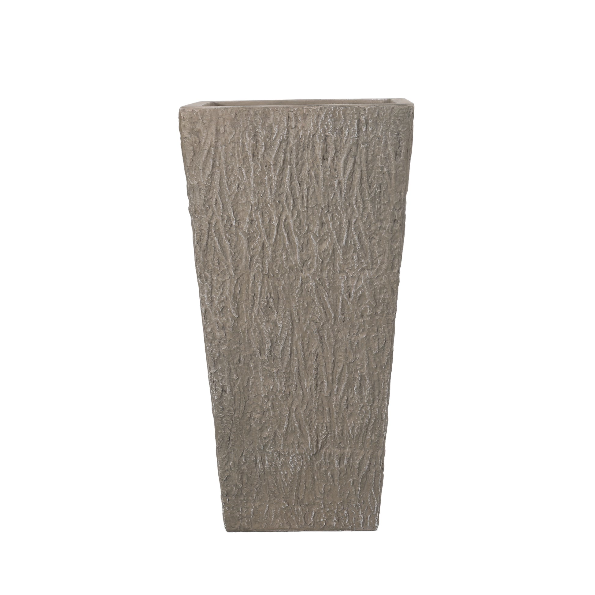 Tall grey textured square planter with a rough barklike finish for outdoor decor