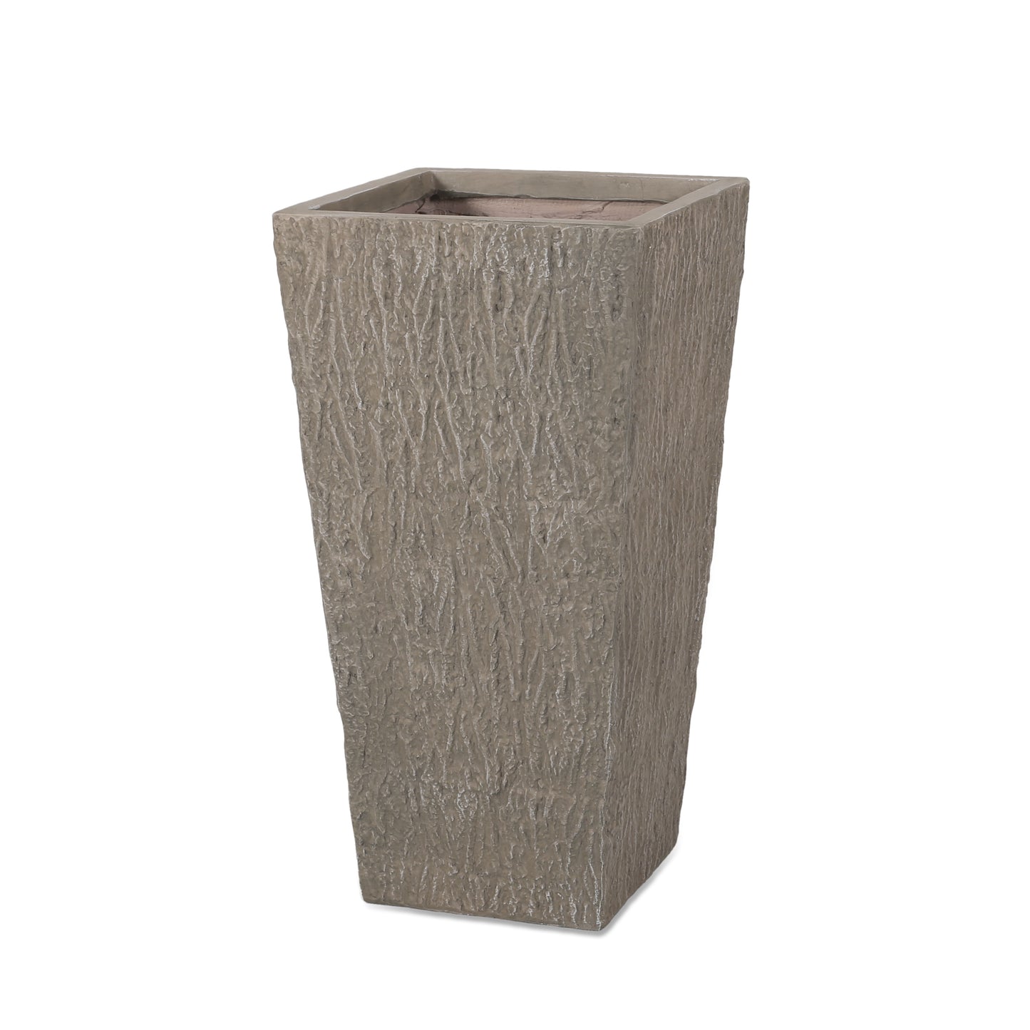 Tall grey concrete planter with textured barklike surface