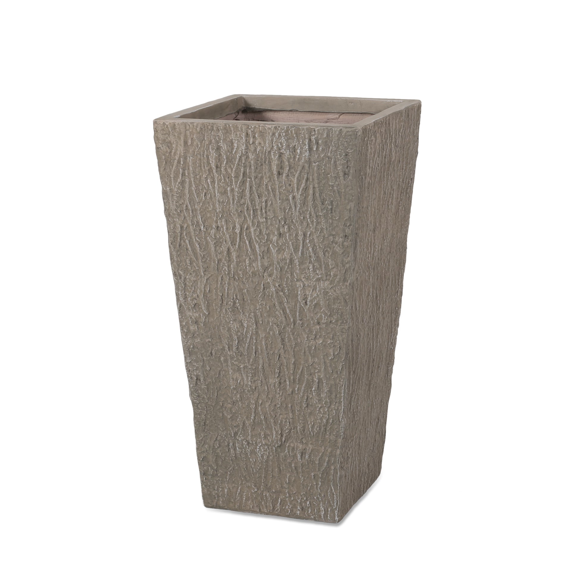 Tall grey concrete planter with textured barklike surface