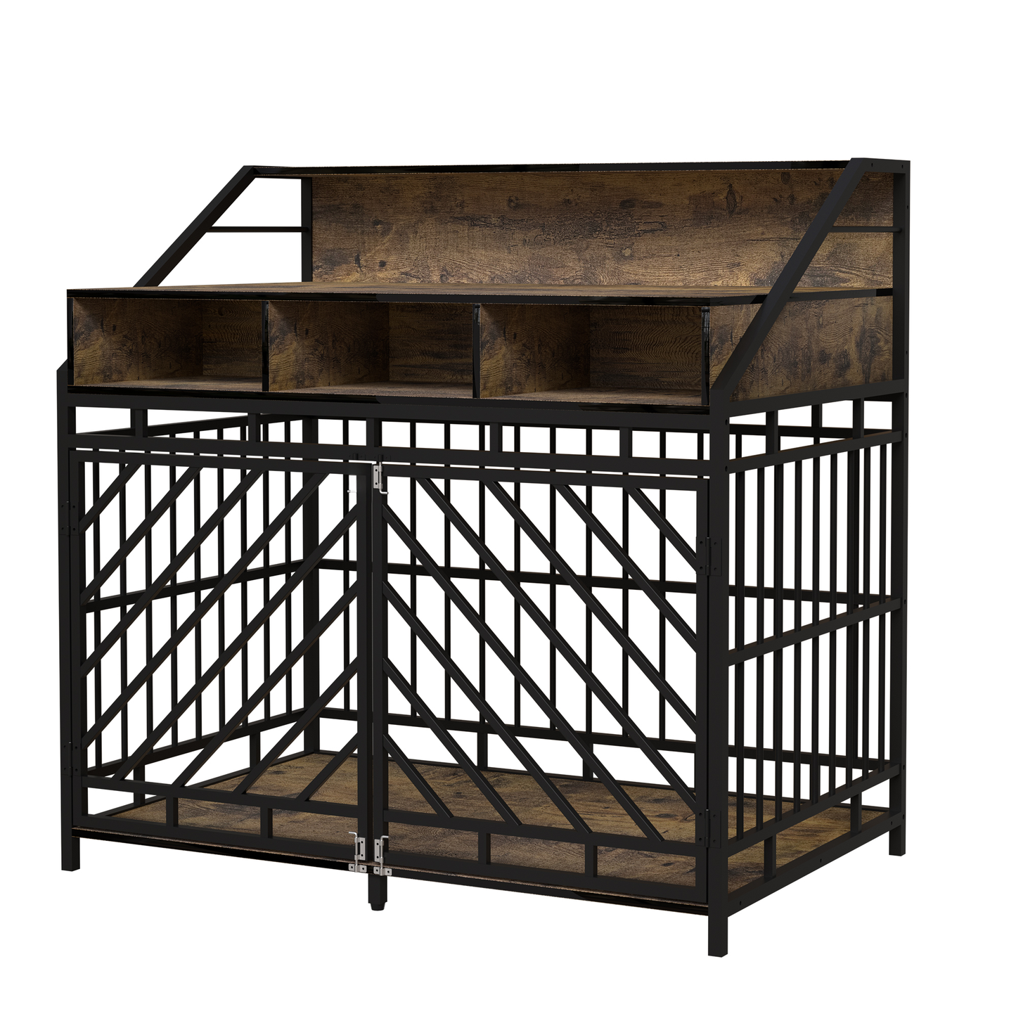Industrial style metal and wood bar cart with open shelving and caged lower compartment