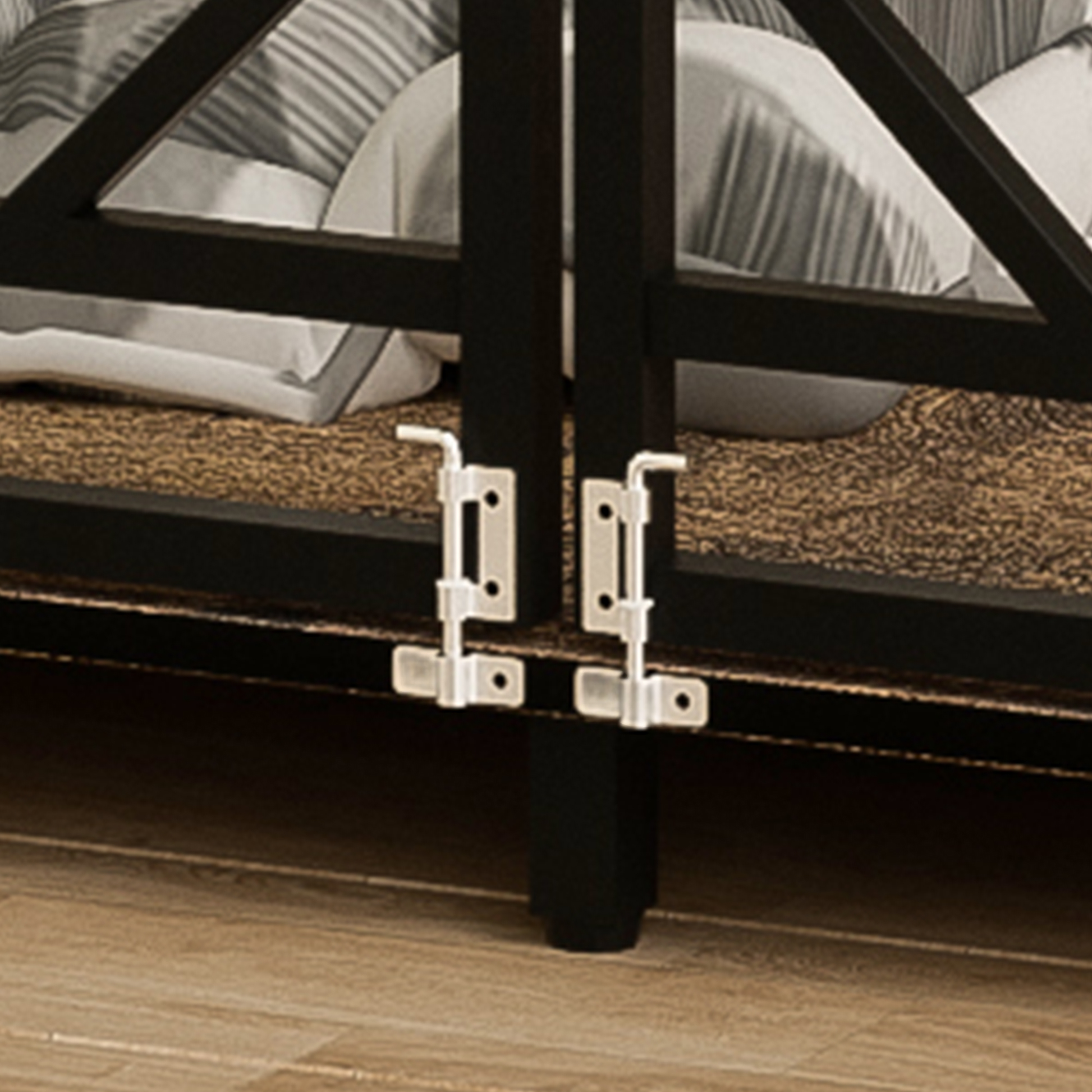 Black wooden bed frame with decorative headboard and footboard details