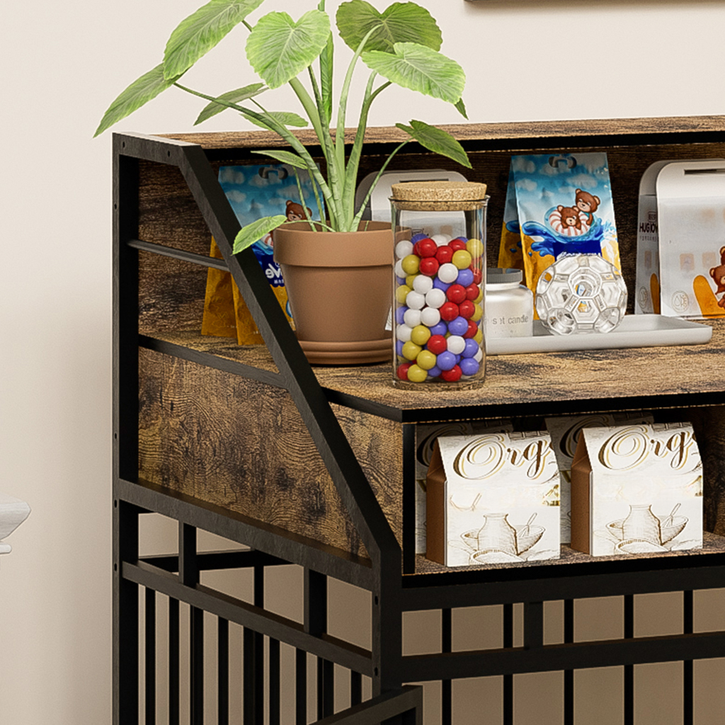 Rustic industrial bookshelf with decorative items like a plant candy jar and packaged snacks
