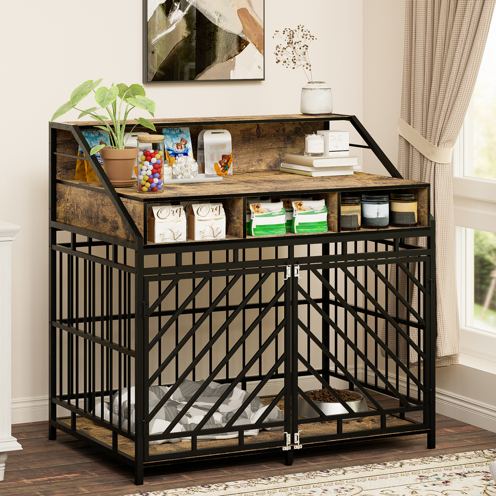 Rustic wood and metal dog crate with storage shelves and dual doors