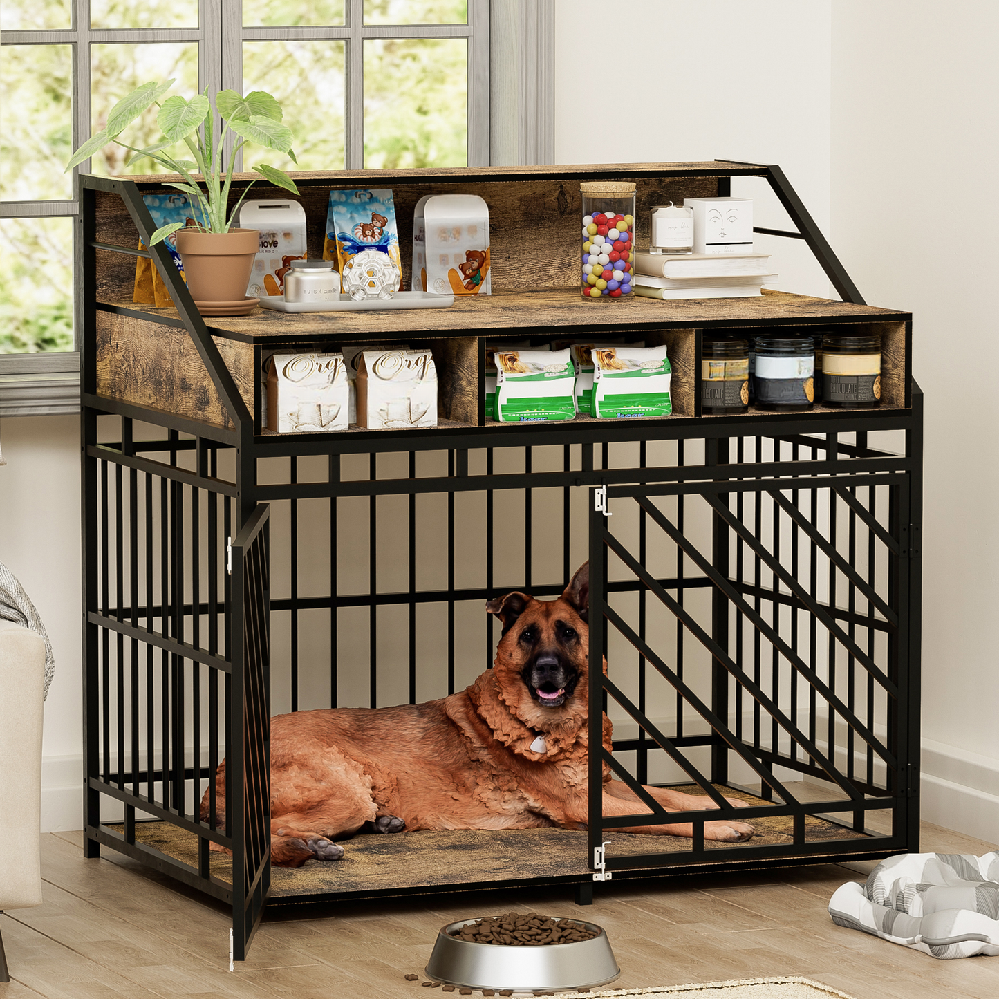 Rustic wooden and metal dog crate with open top shelves storing pet supplies