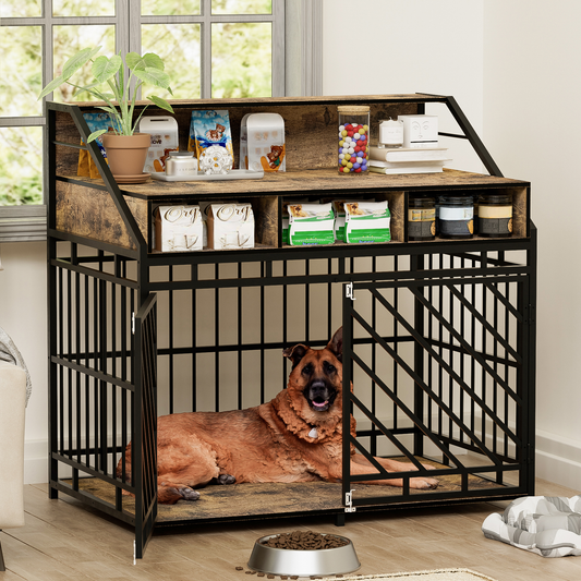 Rustic wooden and metal dog crate with open top shelves storing pet supplies