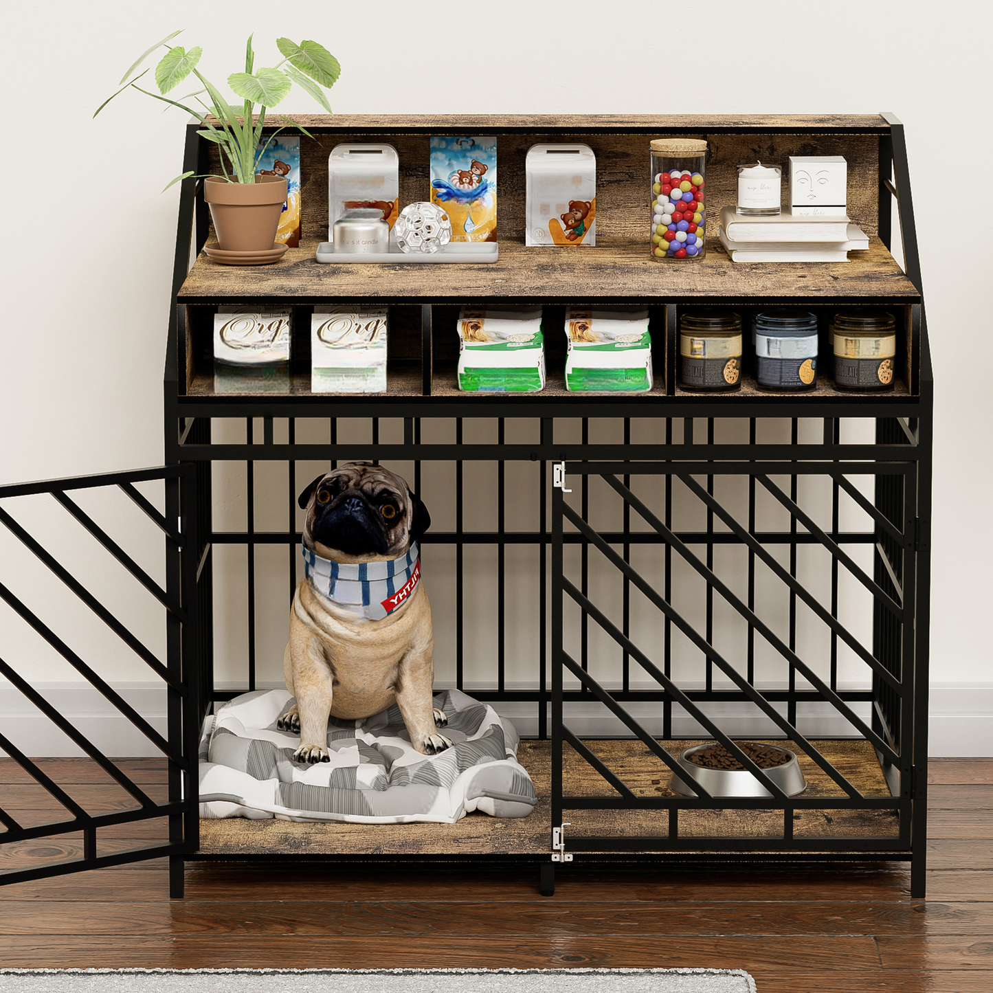 Rustic industrial dog crate with tiered shelves featuring a pug and dog food bowl