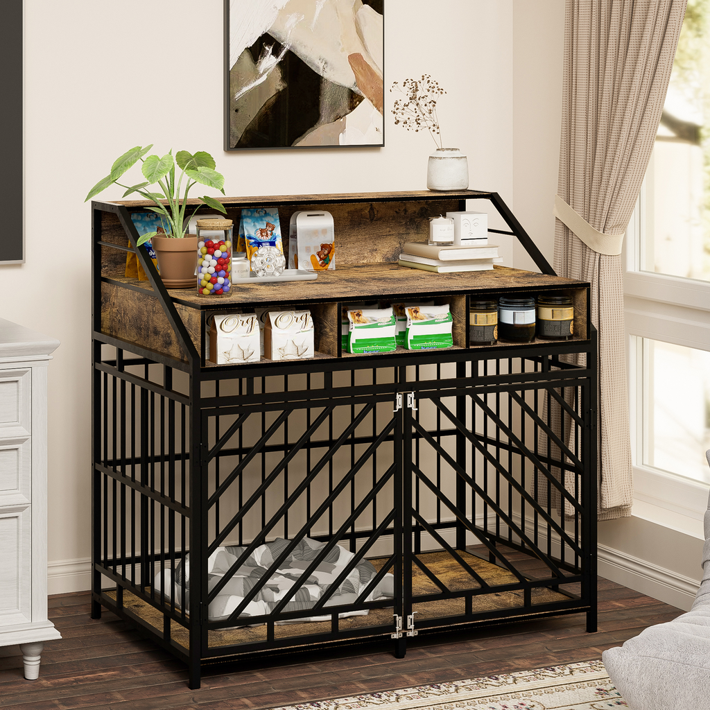 Rustic wooden dog crate with black metal frame dual doors and top shelving for storage