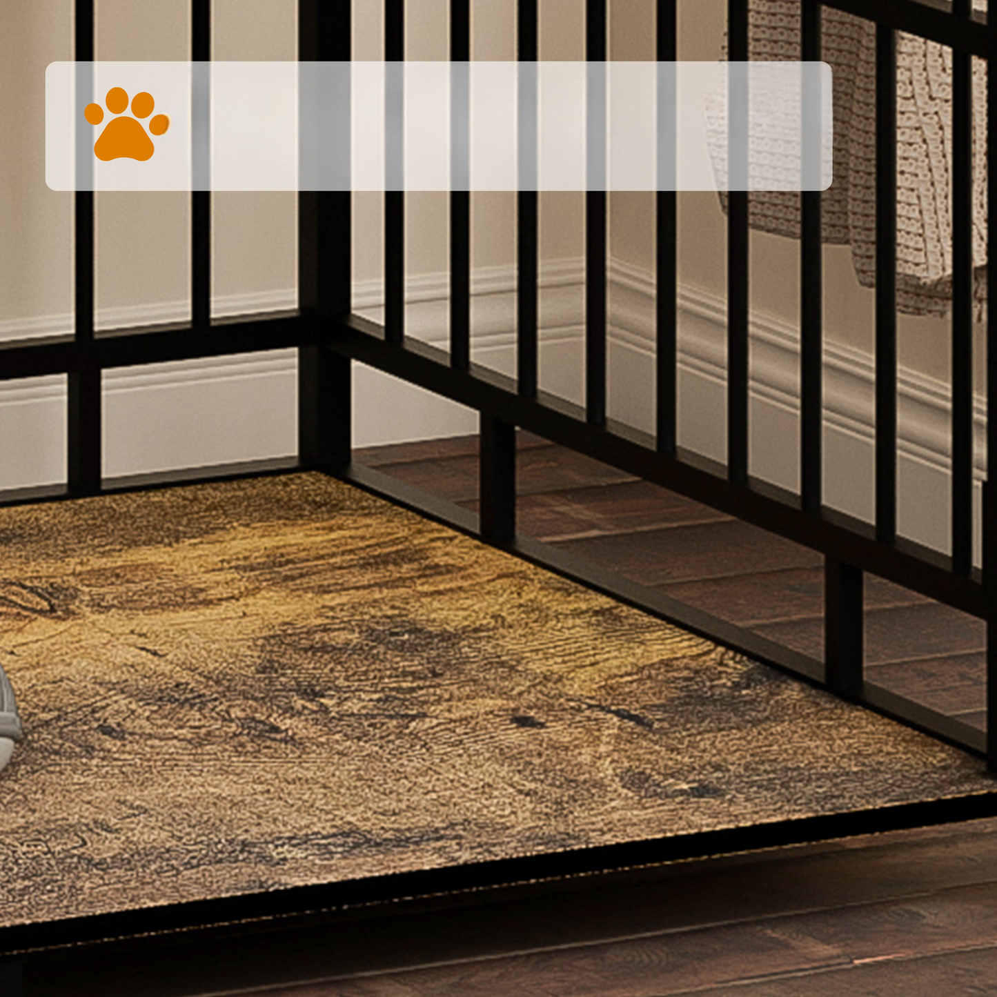 Closeup of a black metal dog crate with a rustic woodlook floor mat inside