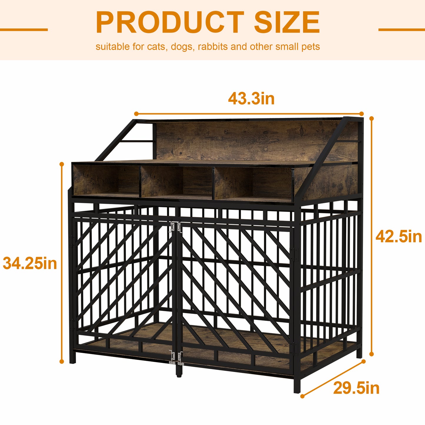 Rustic brown and black metal pet crate with two doors and multilevel shelving for small animals