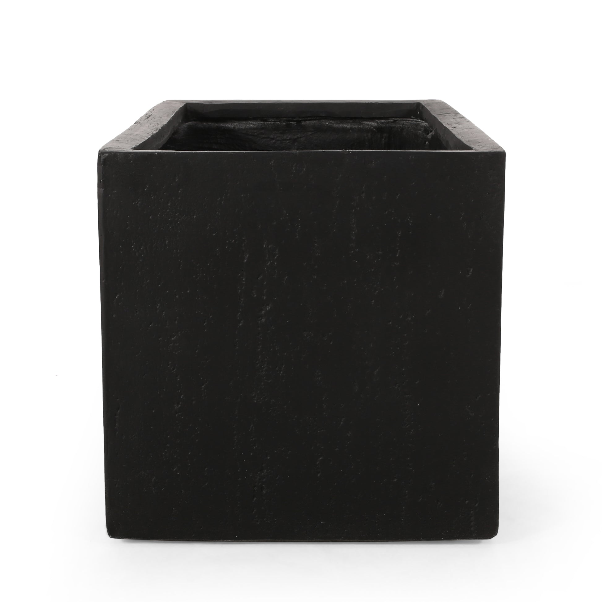 Modern black cube planter textured concrete finish ideal for outdoor gardens