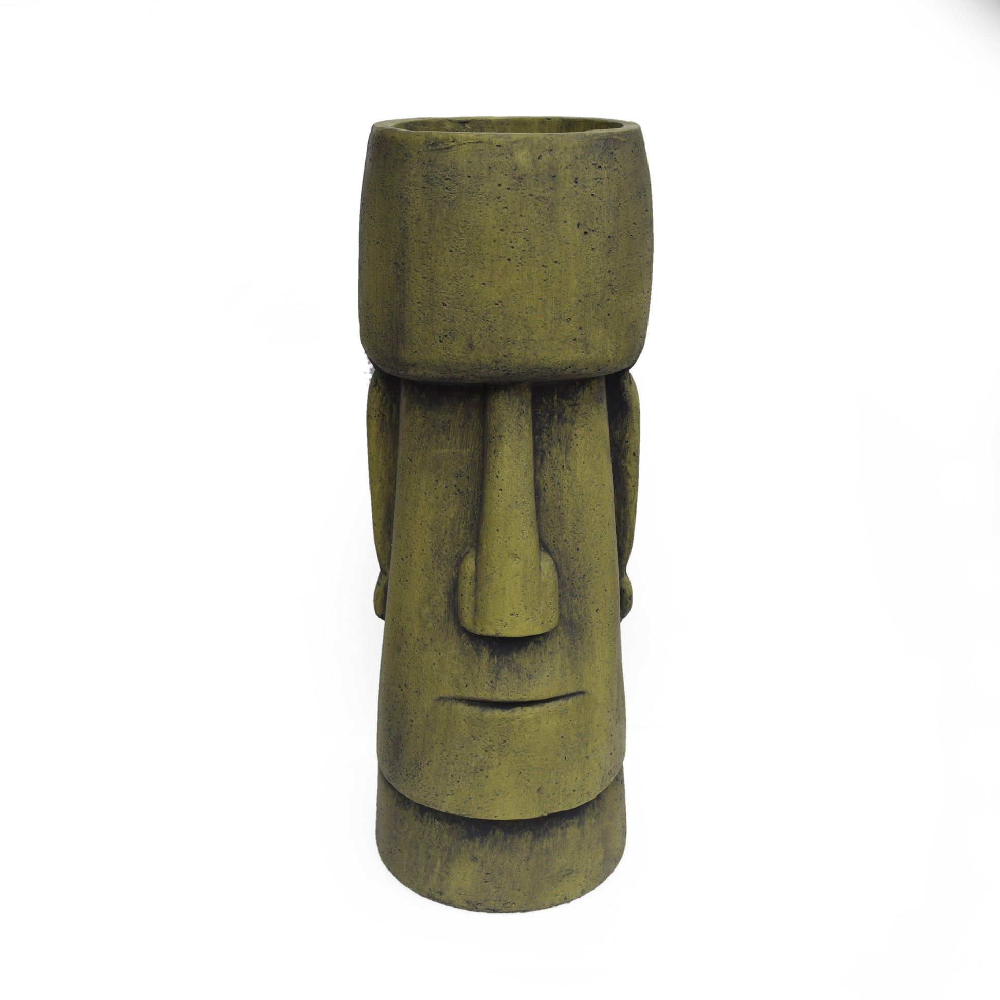 A textured green Moai planter with a tall cylindrical opening for plants