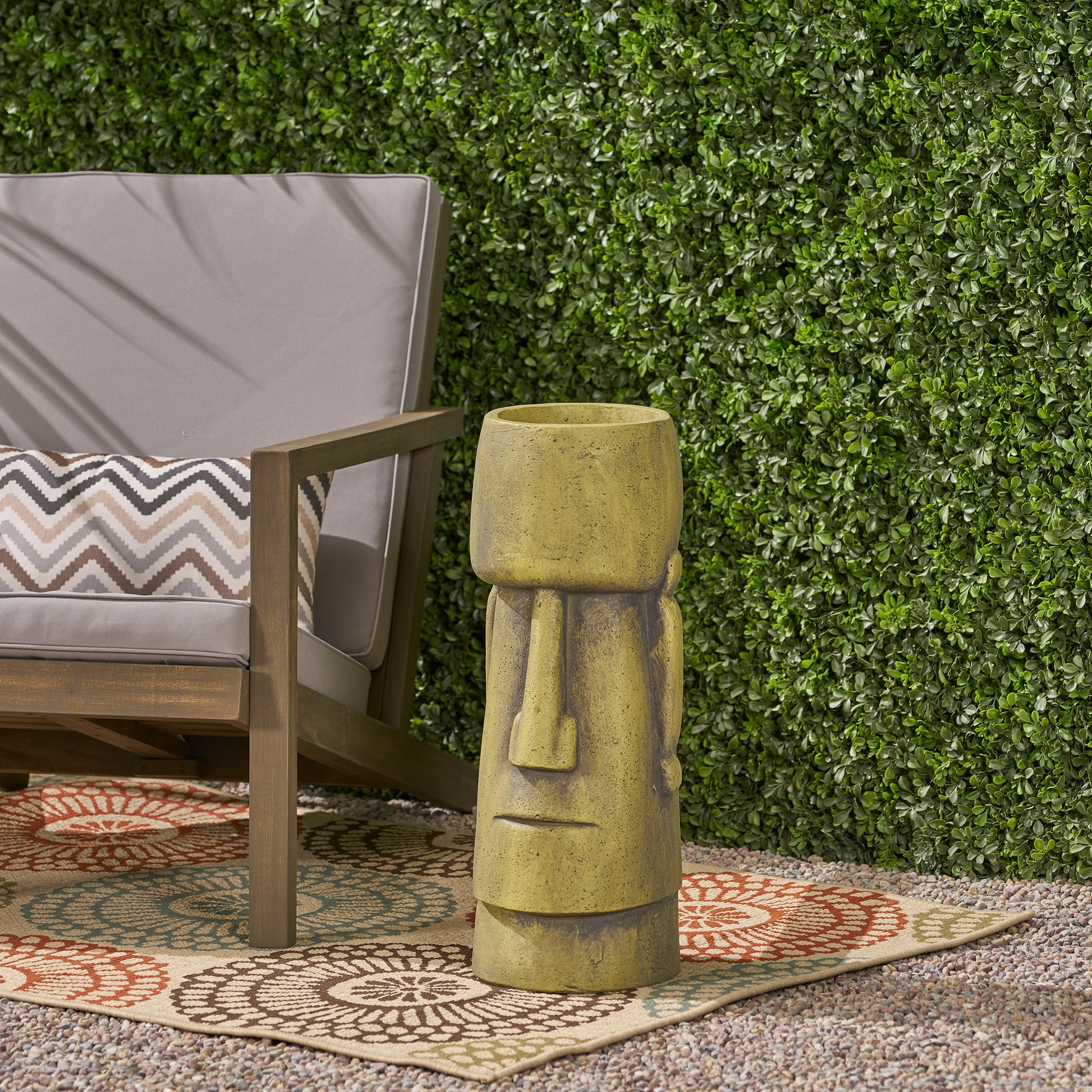 Distressed green resin Moai statue garden decor inspired by Easter Island figures