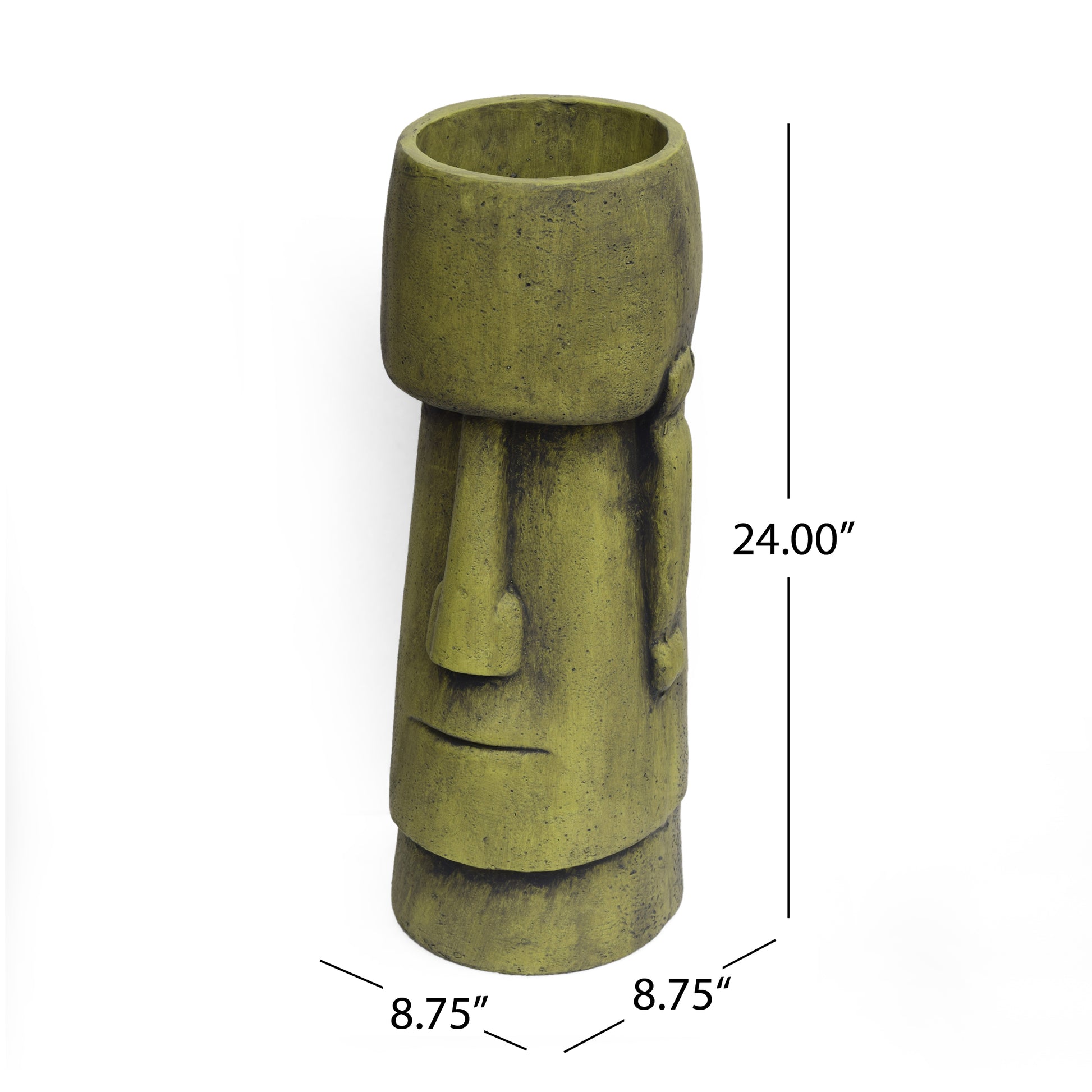 Textured green concrete Moai statue planter with weathered finish and deepset features  inches tall