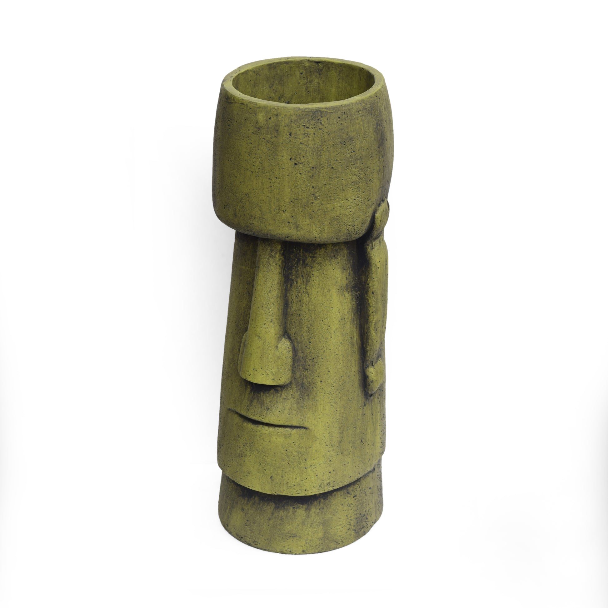 Moss green textured Moai head planter with a wide opening for plants