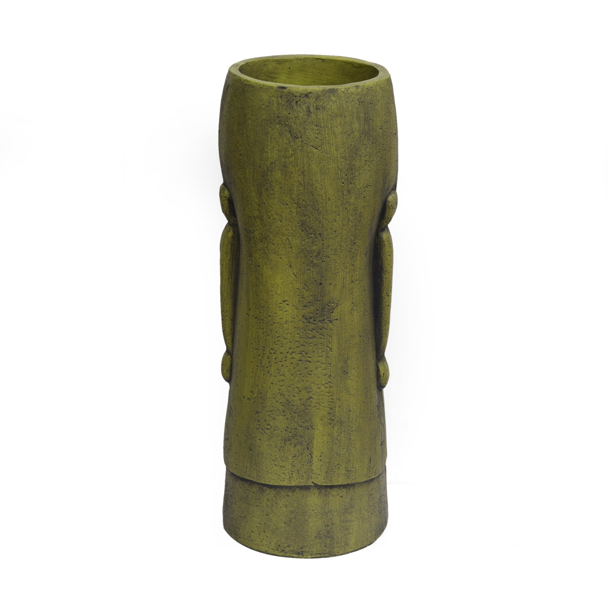 Textured olive green ceramic vase with tribal design elements