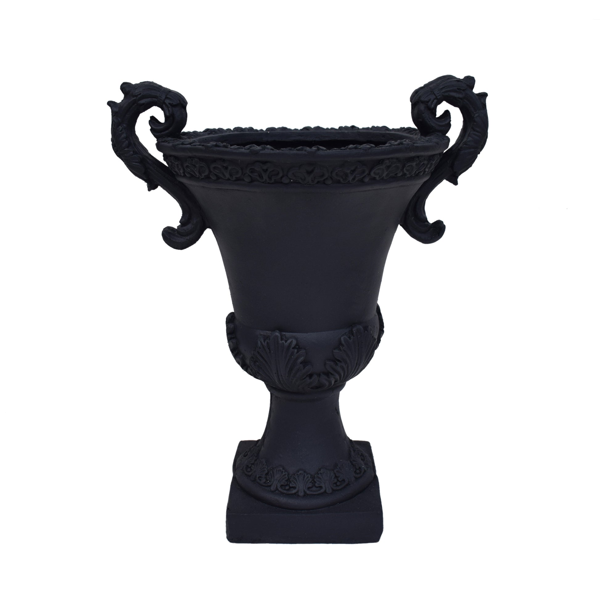 Black ornate urn planter with scrolled handles and acanthus leaf detailing classic garden decor