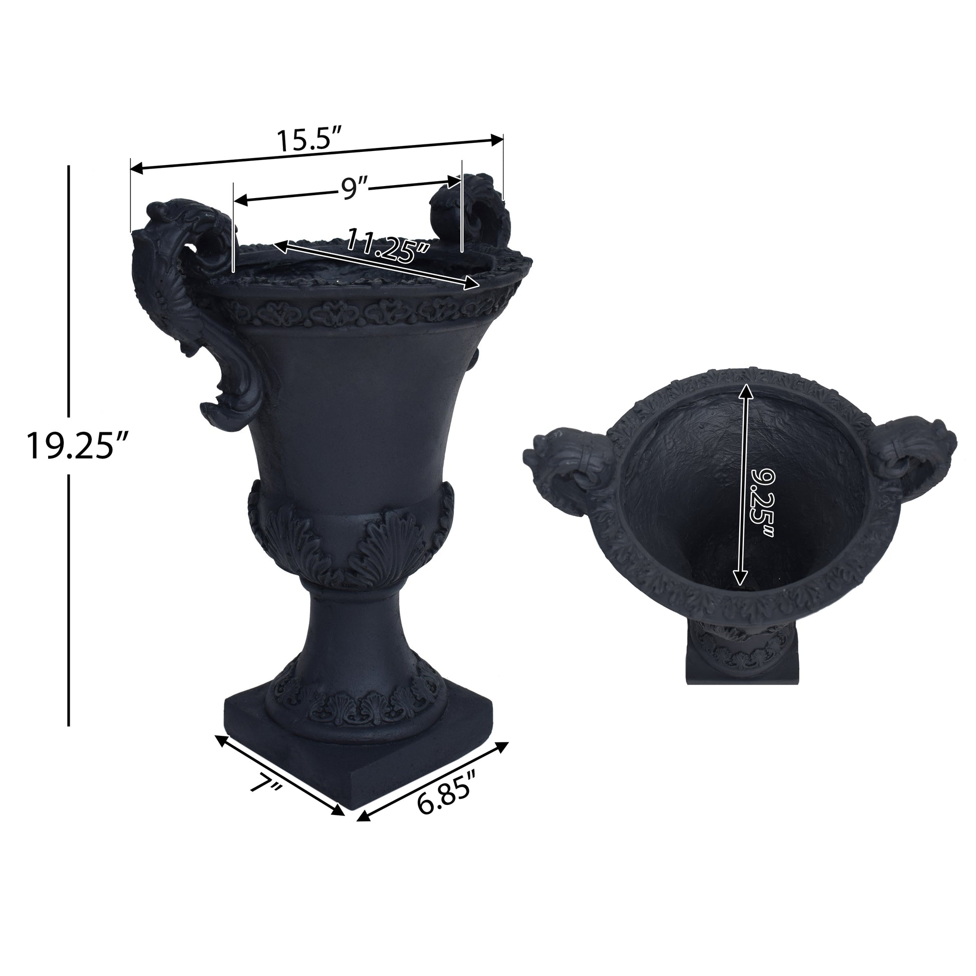 Ornate black cast iron urn with lion head handles  tall