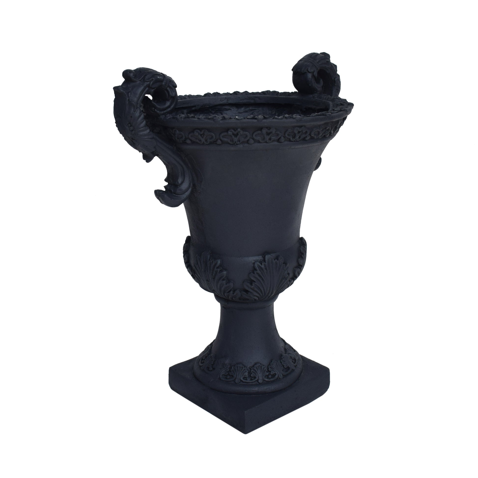 Ornate black cast iron urn with decorative scroll handles perfect for garden accents