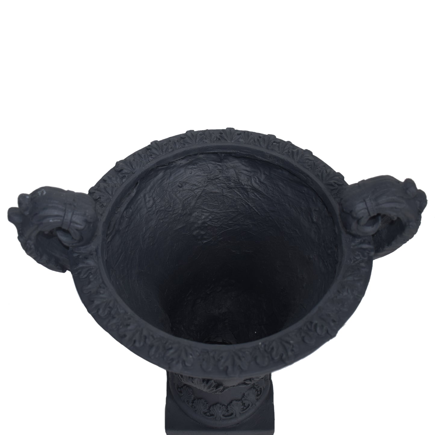 Antique black urn planter with ornate handles and detailed base