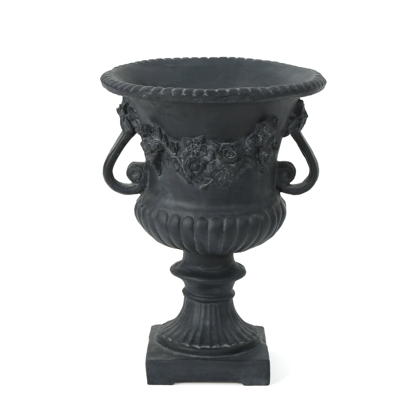 Black cast iron garden urn with ornate rose garland and scrolled handles classic design