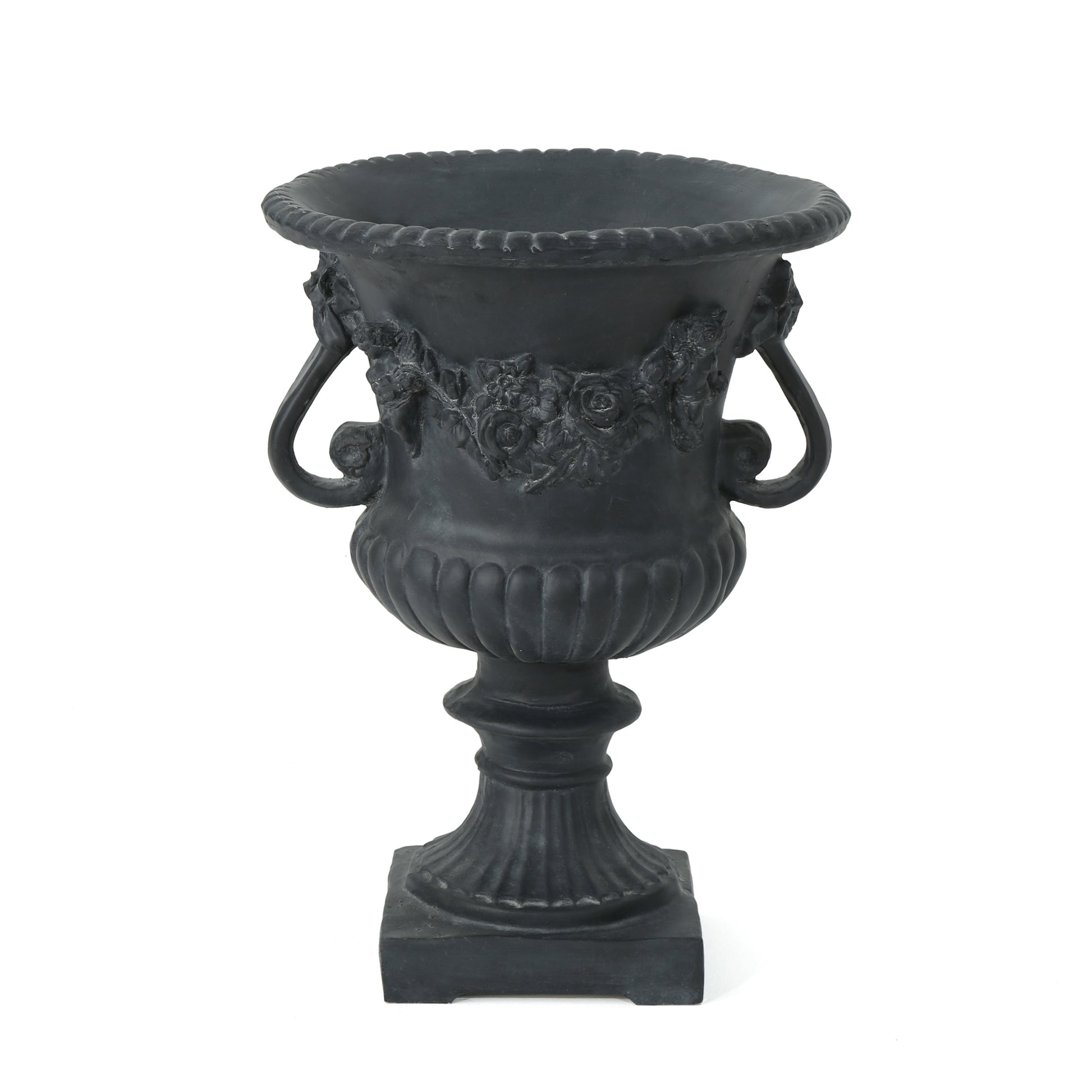 Black cast iron garden urn with ornate rose garland and scrolled handles classic design
